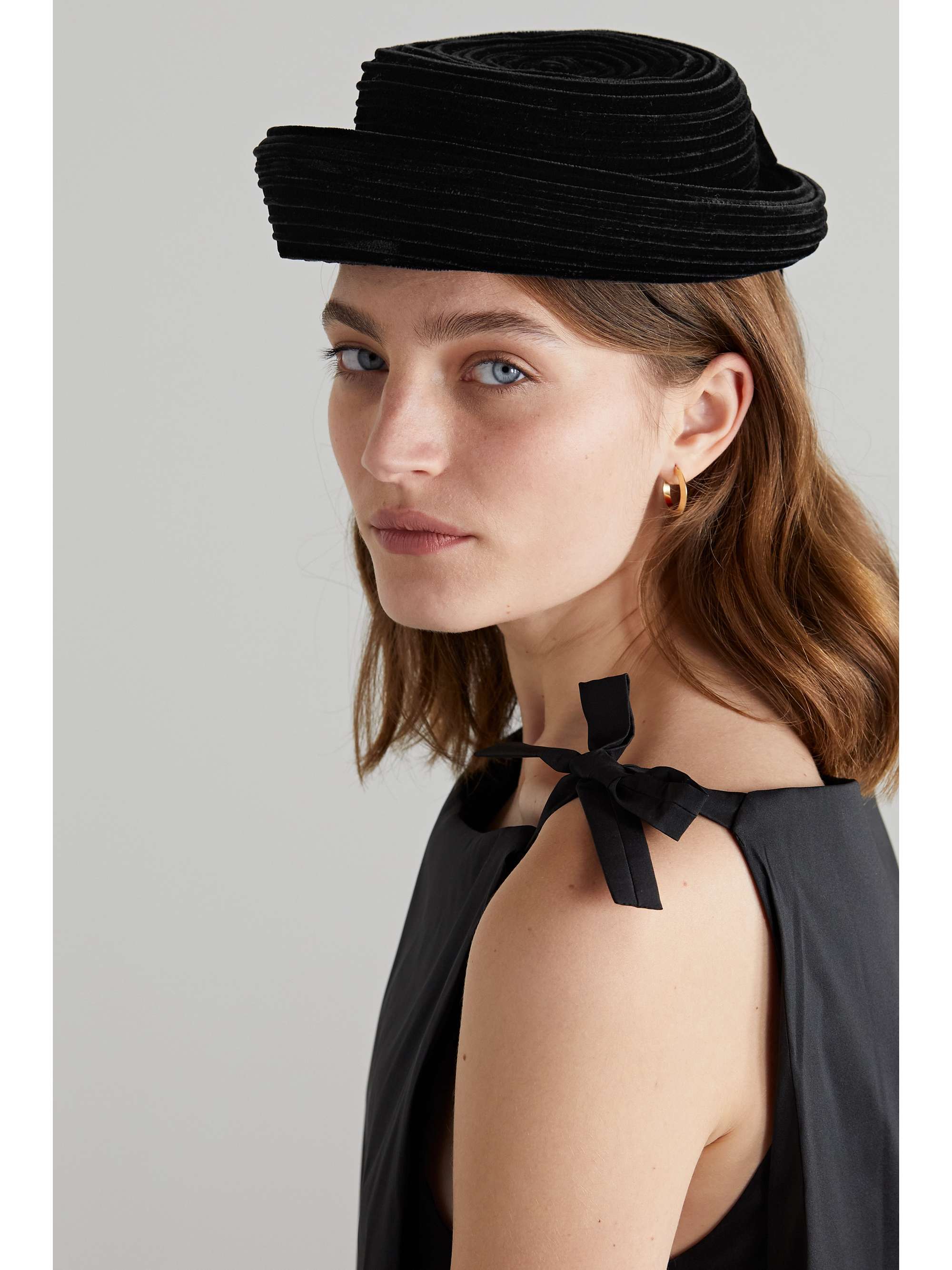 GIGI BURRIS Laura bow-embellished ribbed silk-blend velvet hat