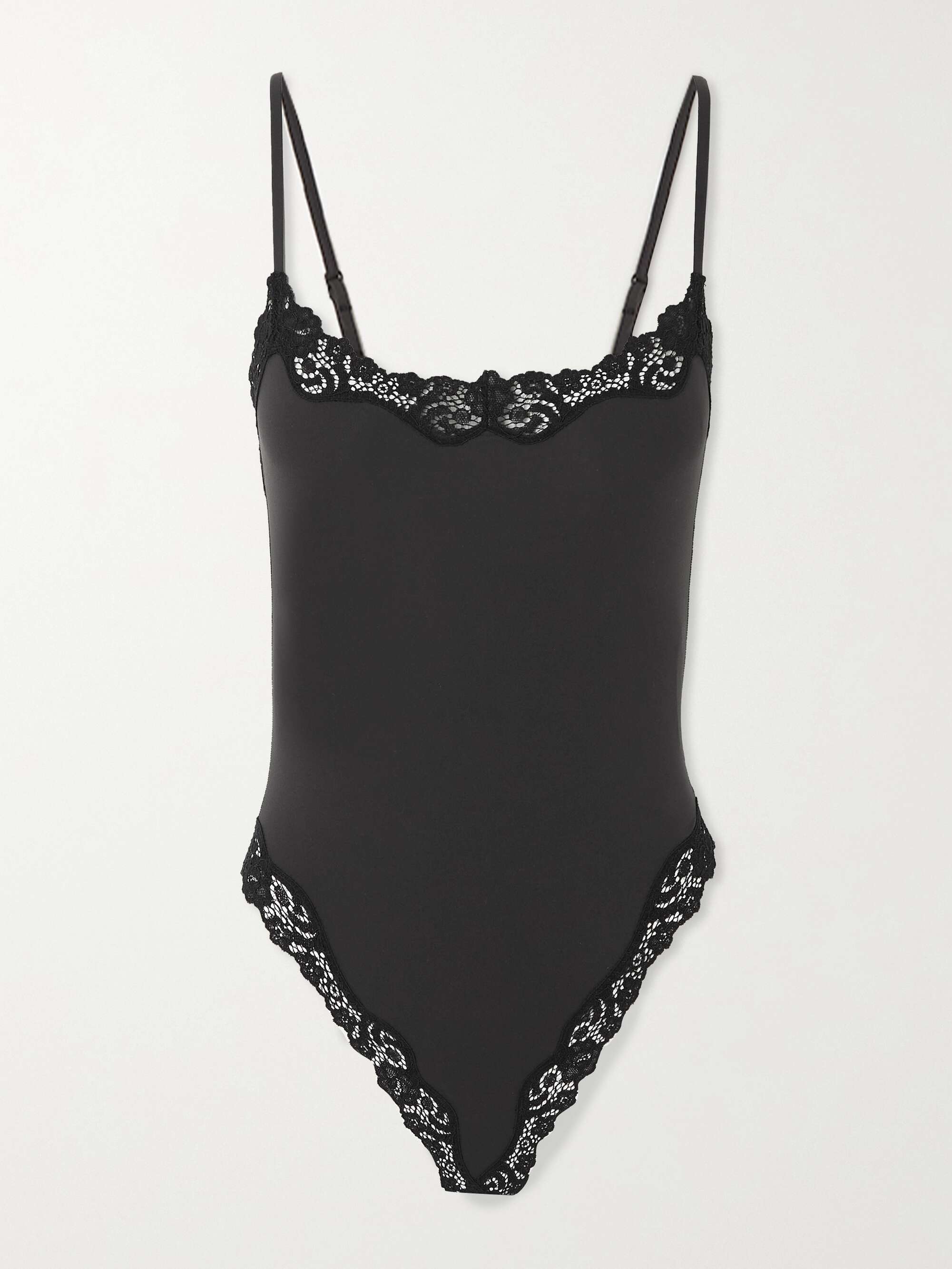 SKIMS Fits Everybody lace-trimmed stretch thong bodysuit - Onyx | NET-A-PORTER