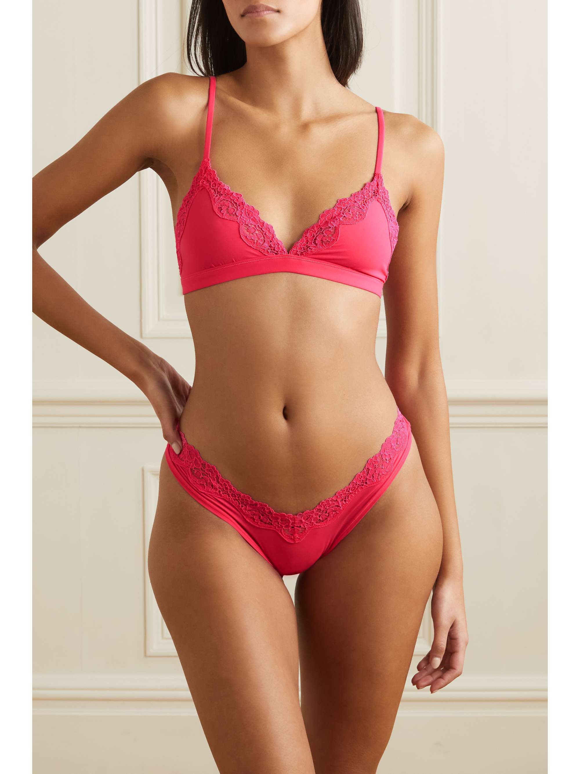 SKIMS Fits Everybody lace-trimmed stretch thong - Neon Rose