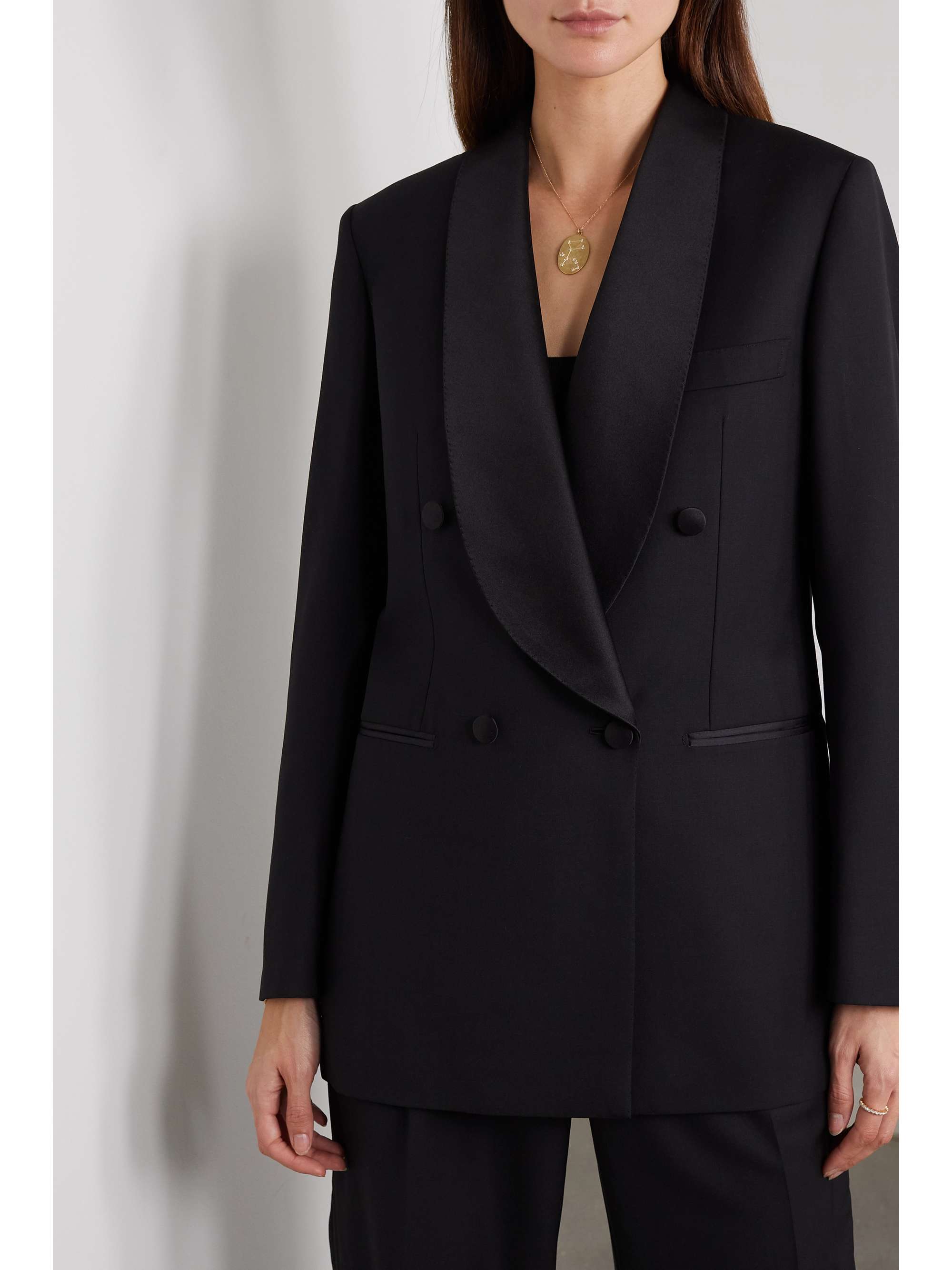 Black Double-breasted satin-trimmed 