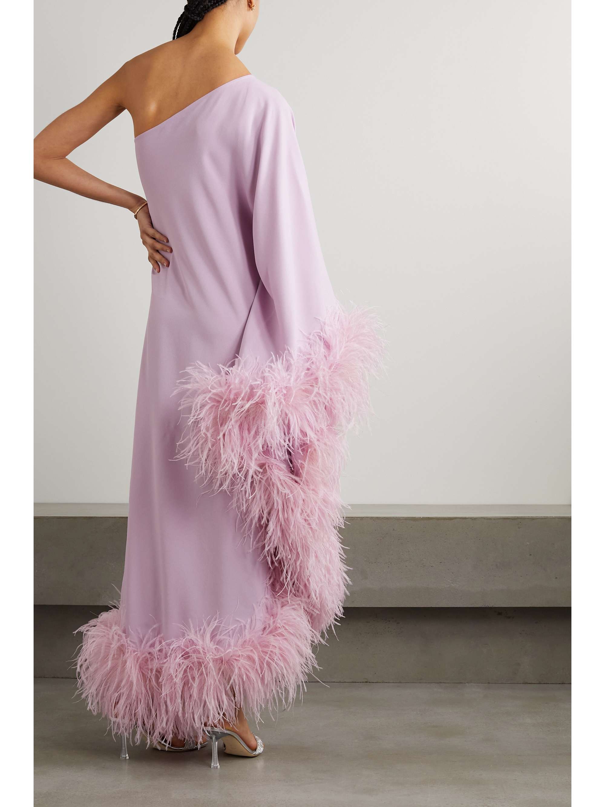 TALLER MARMO Ubud one-sleeve feather-trimmed crepe gown