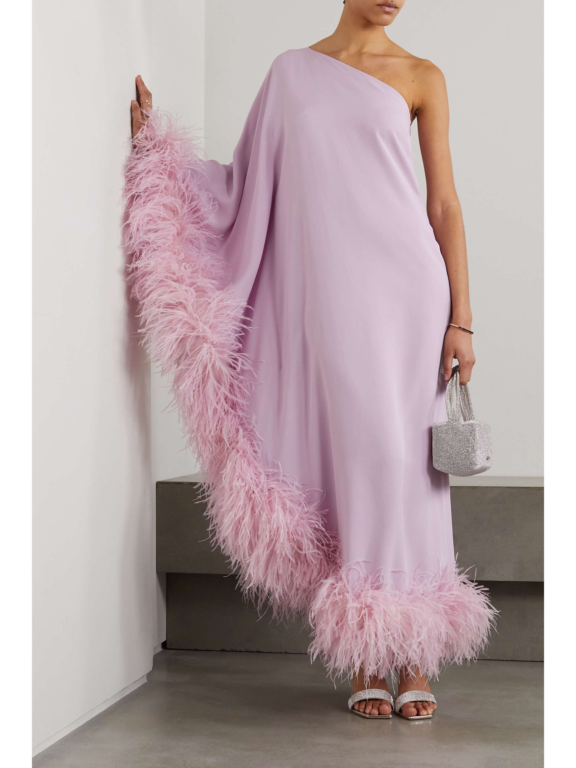 TALLER MARMO Ubud one-sleeve feather-trimmed crepe gown