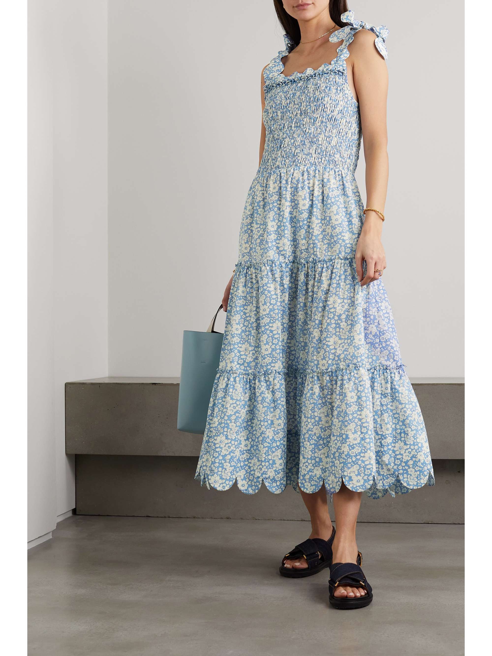 Blue Isa scalloped tiered floral-print cotton midi dress | HORROR VACUI ...