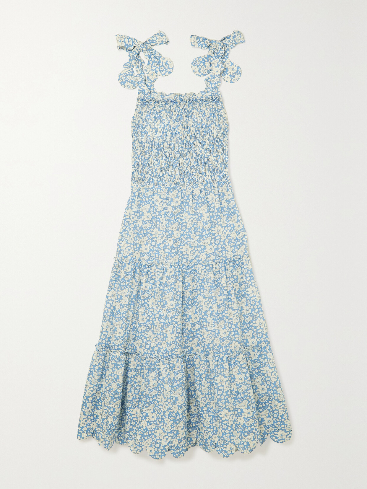 Horror Vacui - Isa Scalloped Tiered Floral-print Cotton Midi Dress - Blue