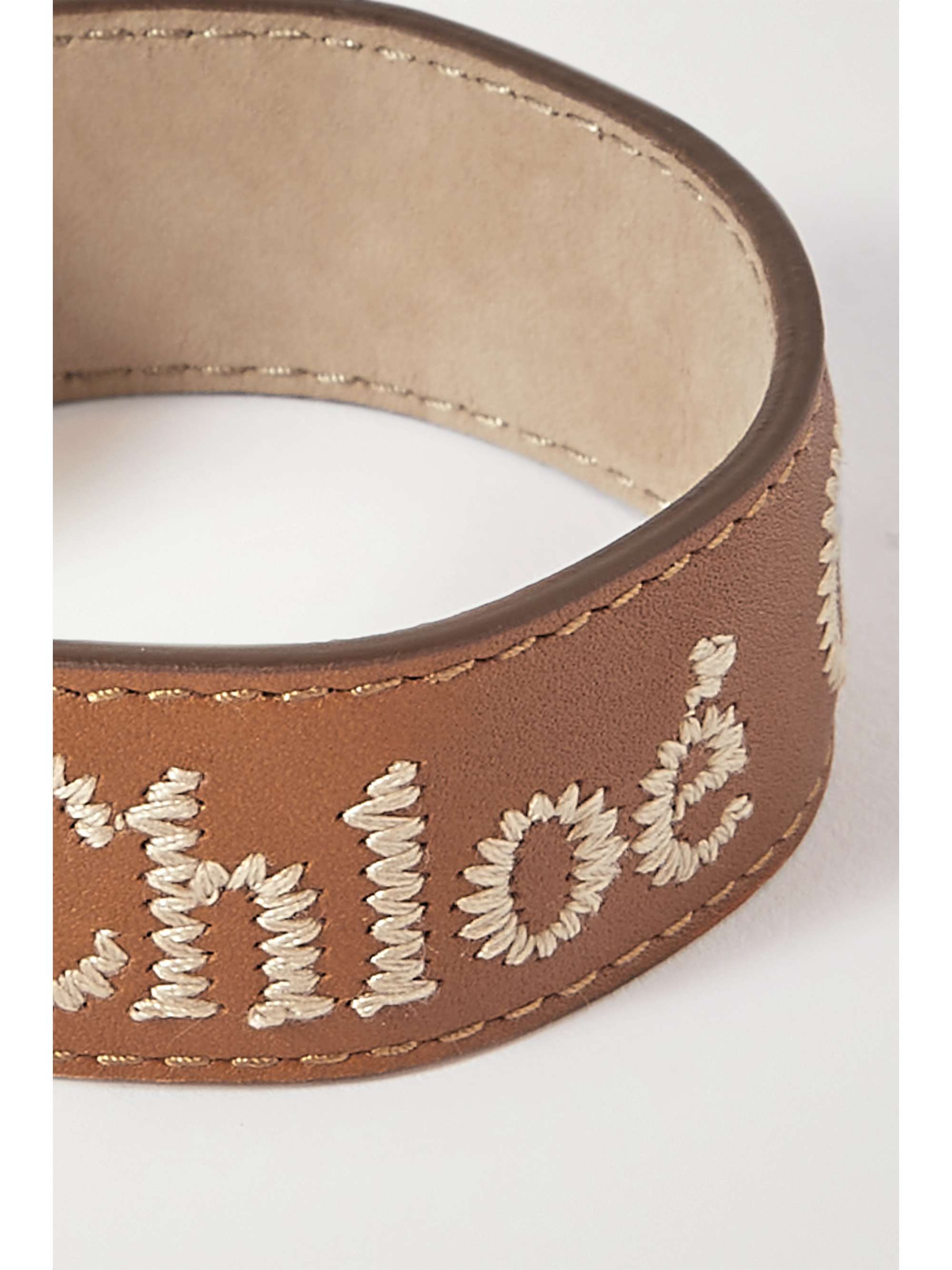 CHLOÉ Woody embroidered leather and gold-tone bracelet