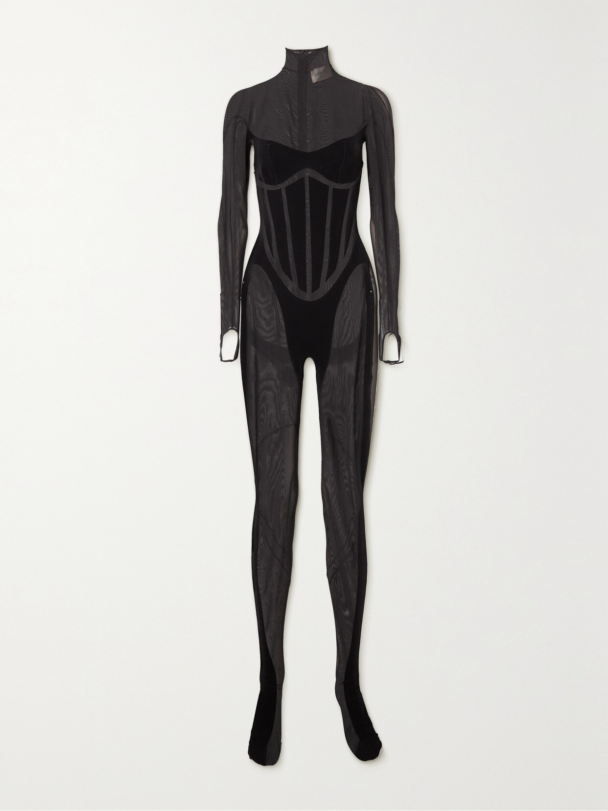Wolford + Mugler Flocked Stretch-tulle Turtleneck Jumpsuit In Black