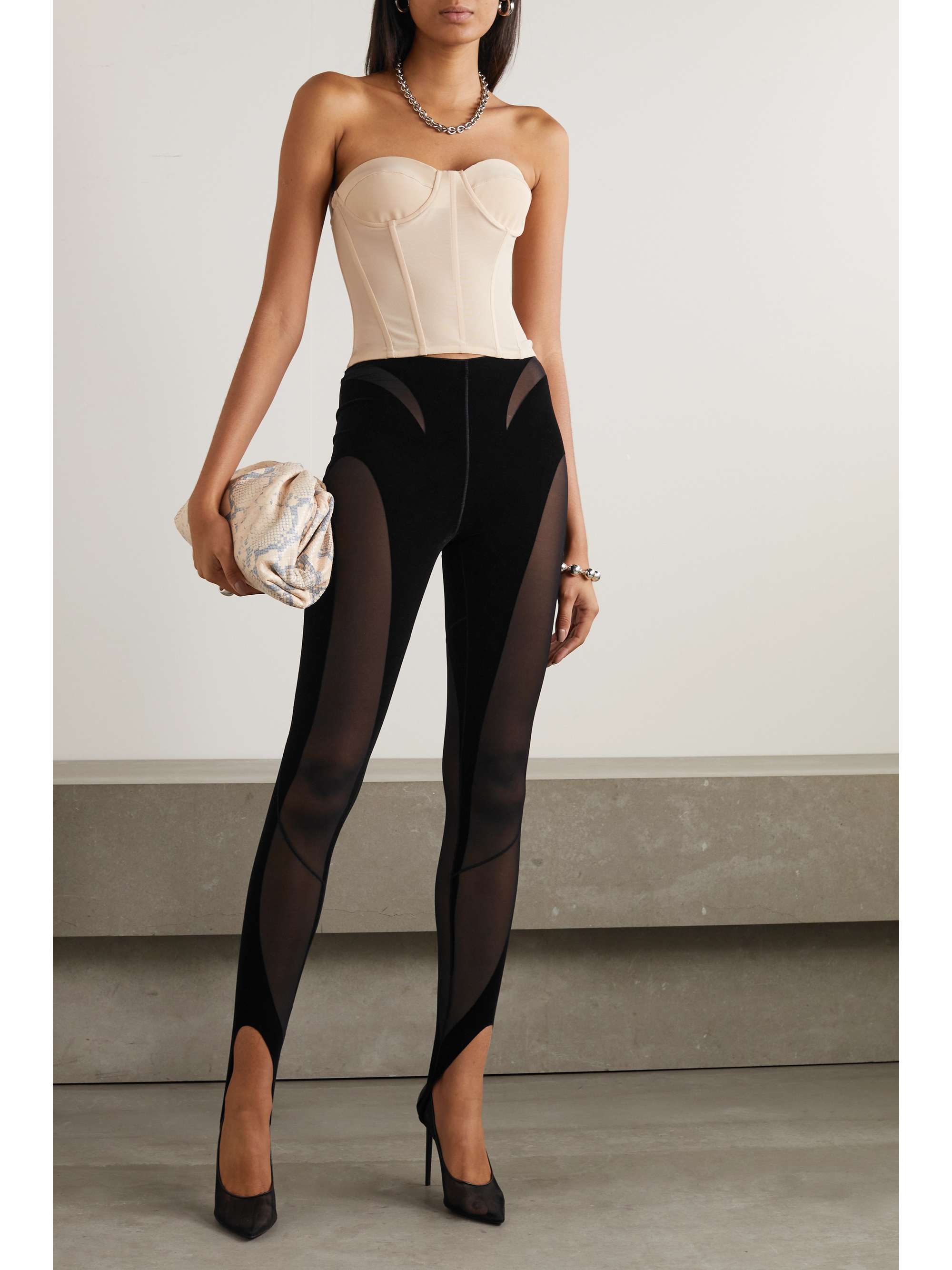 WOLFORD + Mugler Shape flocked stretch-mesh stirrup leggings