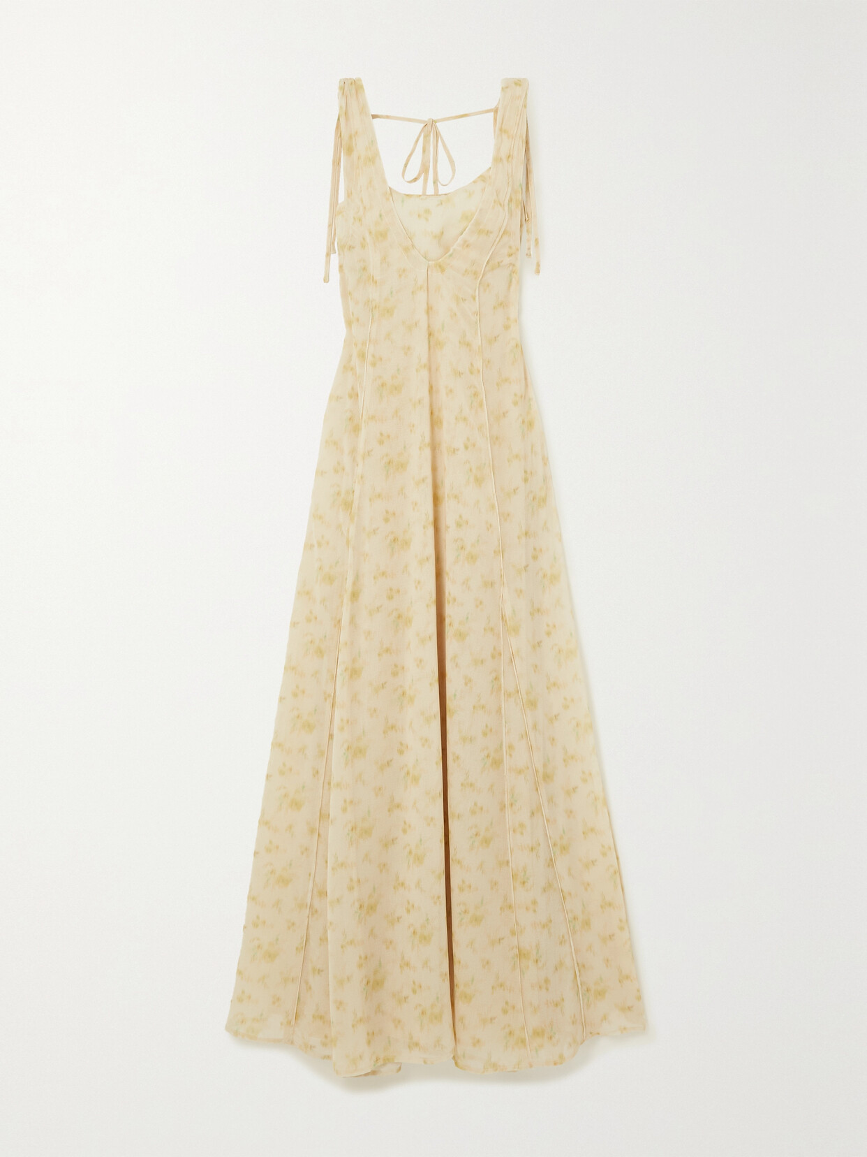 Holzweiler - Godet Shirred Open-back Layered Floral-print Recycled-chiffon Maxi Dress - Yellow