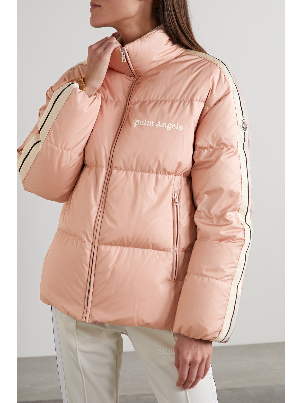 Shop Moncler Genius + Palm Angels Rodman Striped Quilted Shell Down Jacket In Pink