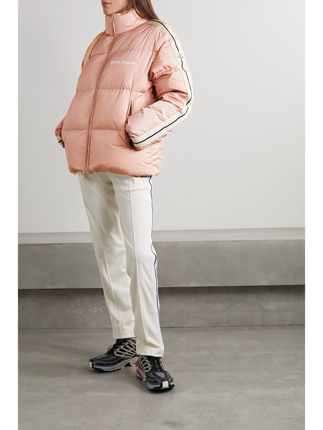 Shop Moncler Genius + Palm Angels Rodman Striped Quilted Shell Down Jacket In Pink