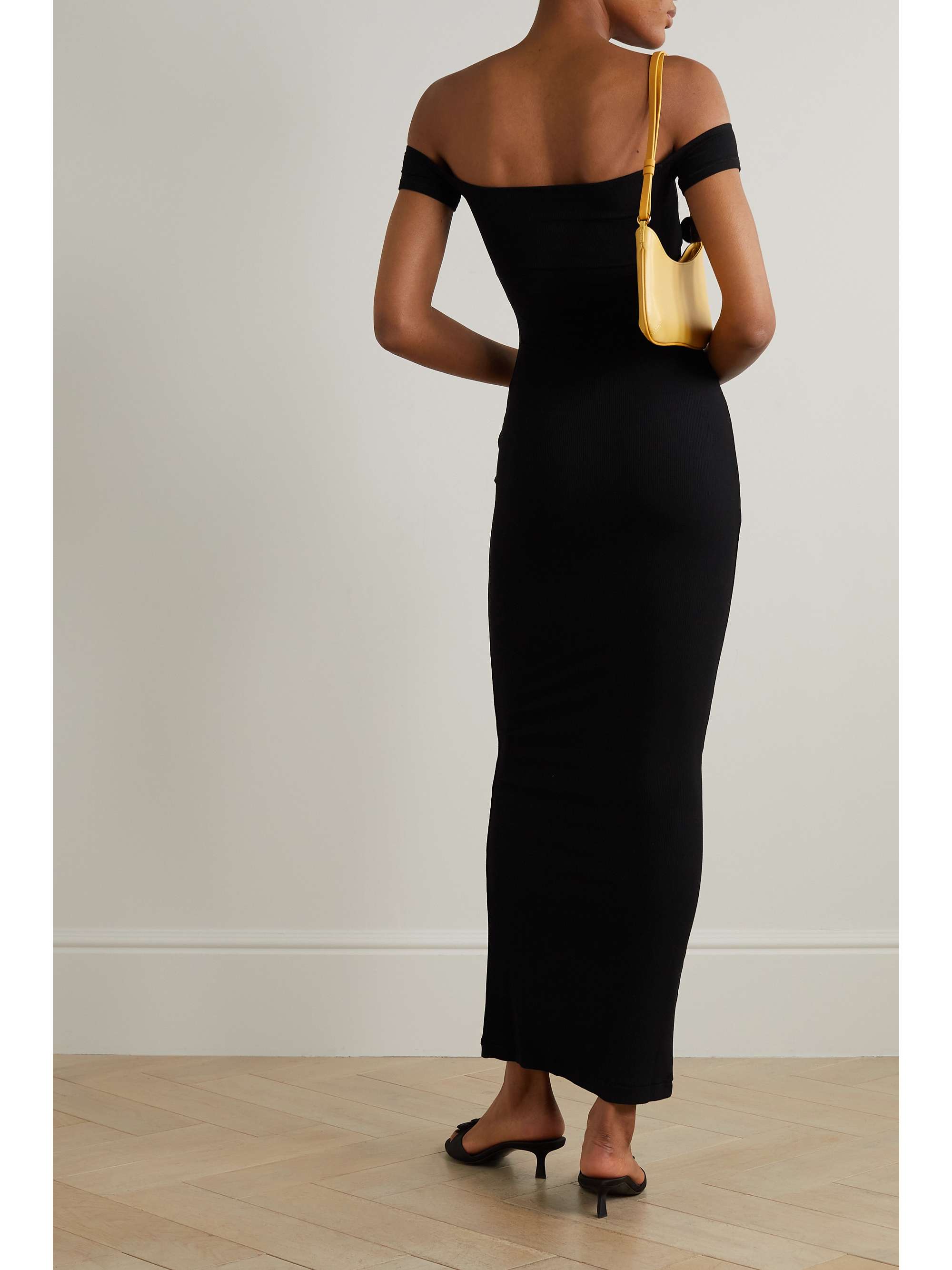 SKIMS Soft Lounge off-the-shoulder ribbed stretch-modal maxi dress - Onyx |  NET-A-PORTER