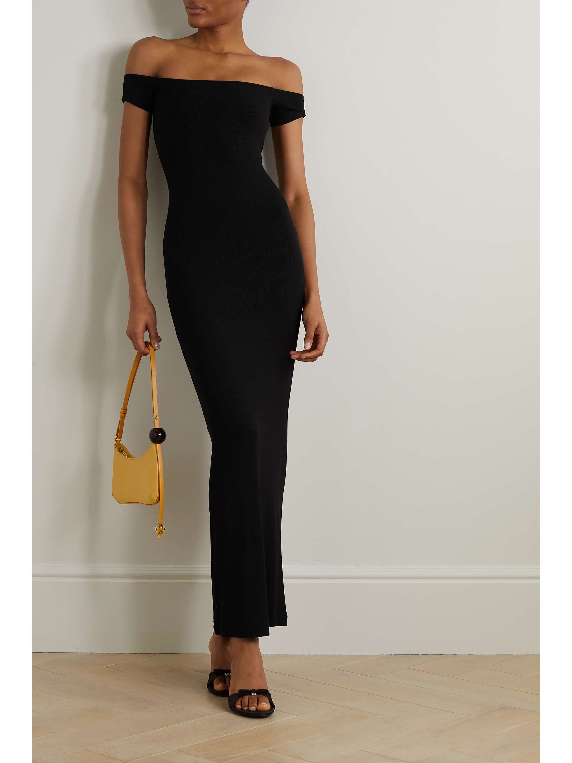 SKIMS Soft Lounge off-the-shoulder ribbed stretch-modal maxi dress - Onyx |  NET-A-PORTER