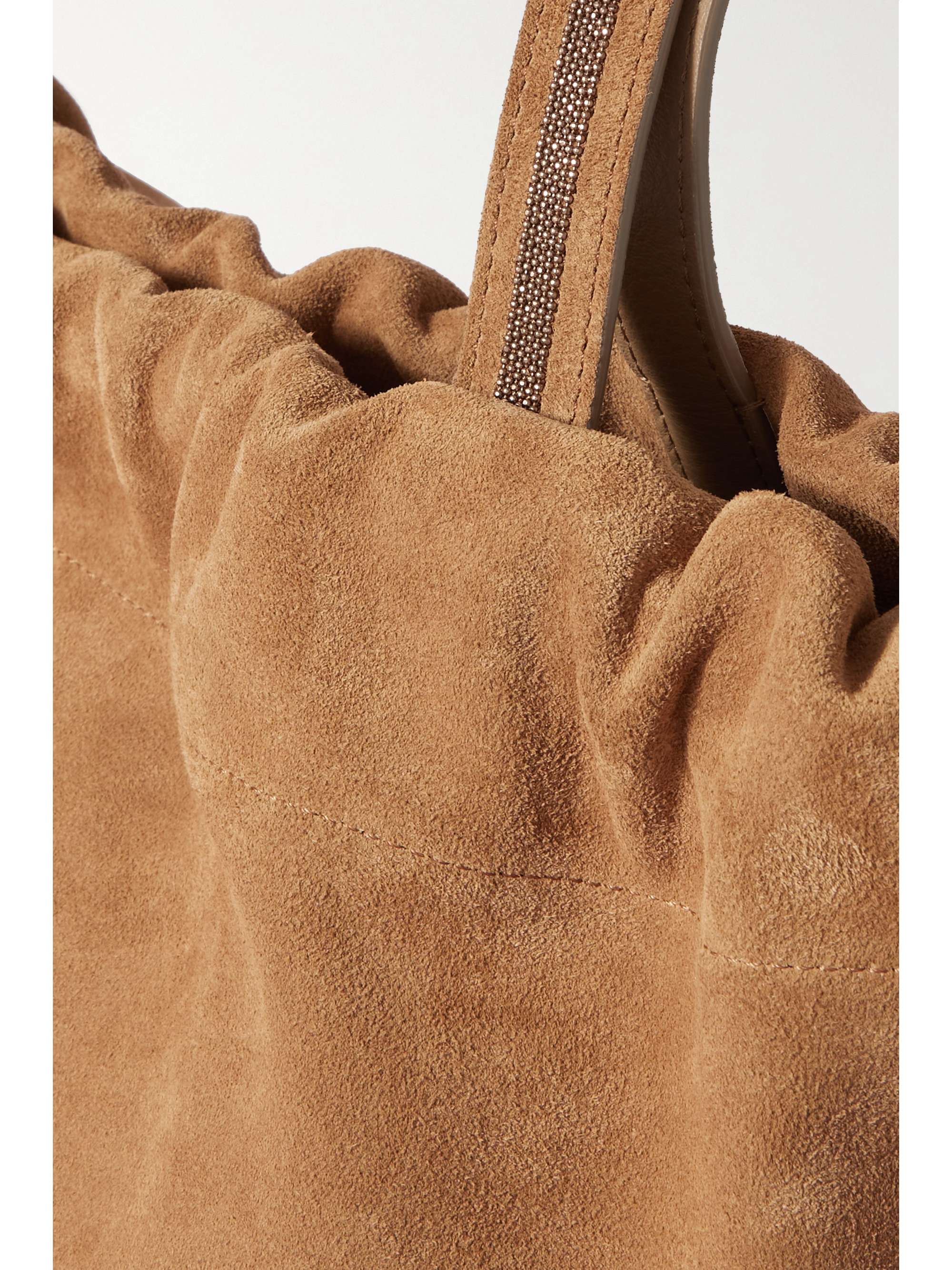 BRUNELLO CUCINELLI Leather-trimmed bead-embellished suede tote