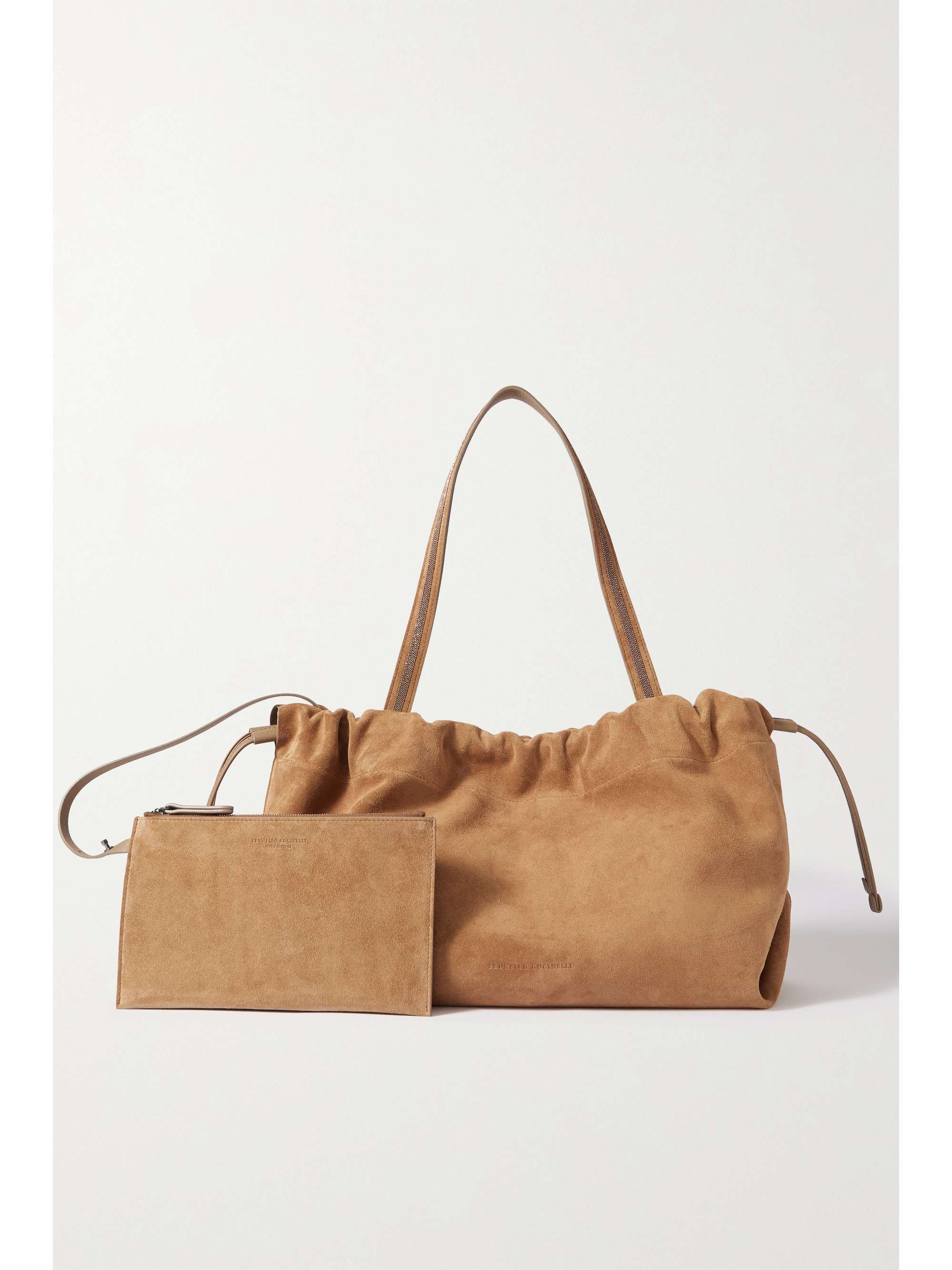 BRUNELLO CUCINELLI Leather-trimmed bead-embellished suede tote