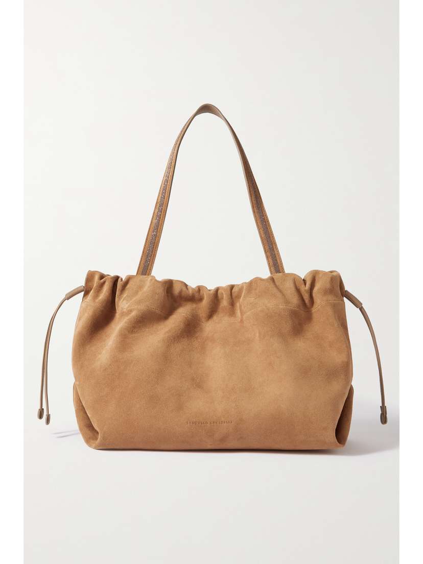 Brunello Cucinelli Leather-trimmed Bead-embellished Suede Tote