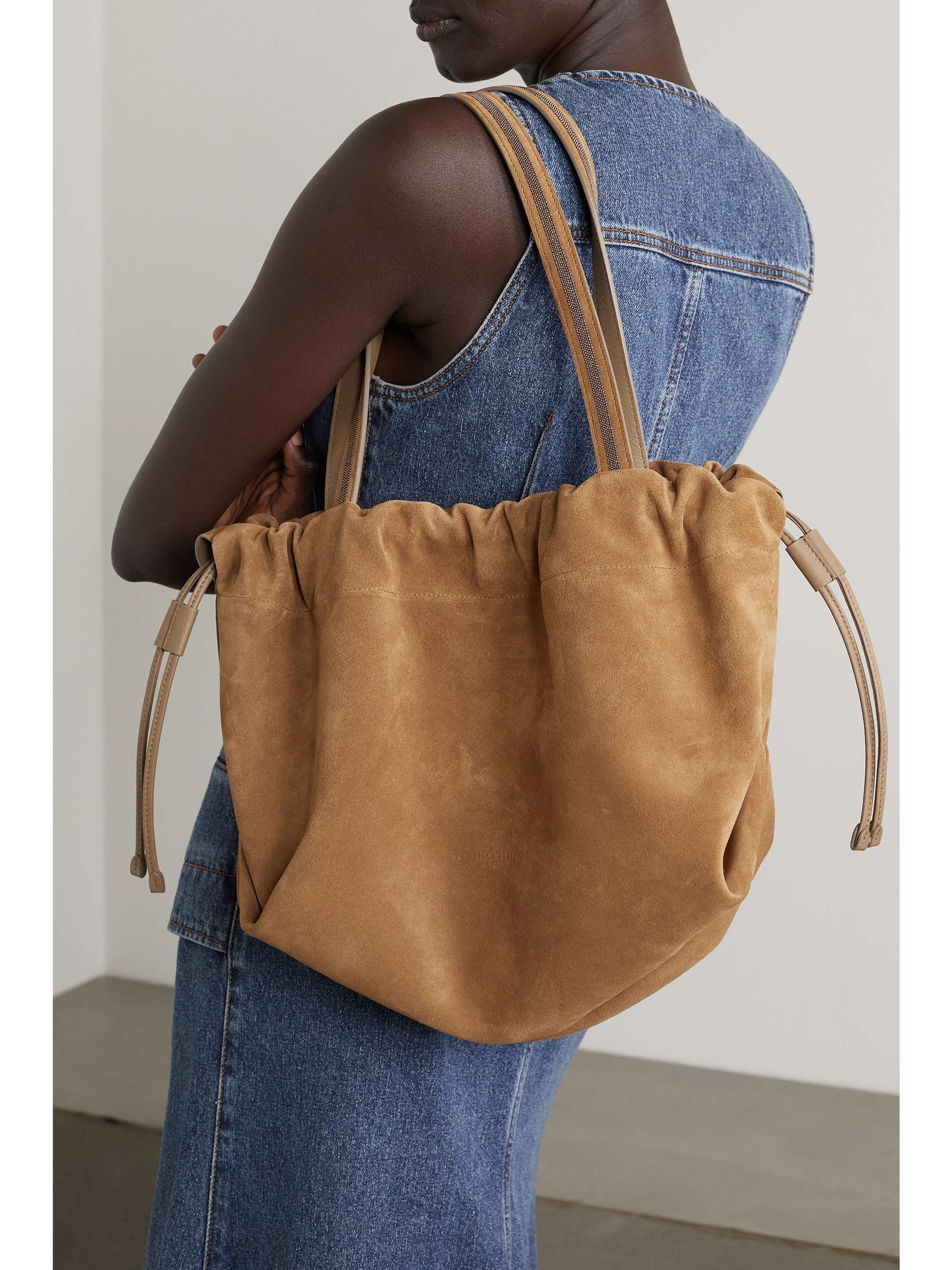 BRUNELLO CUCINELLI Leather-trimmed bead-embellished suede tote