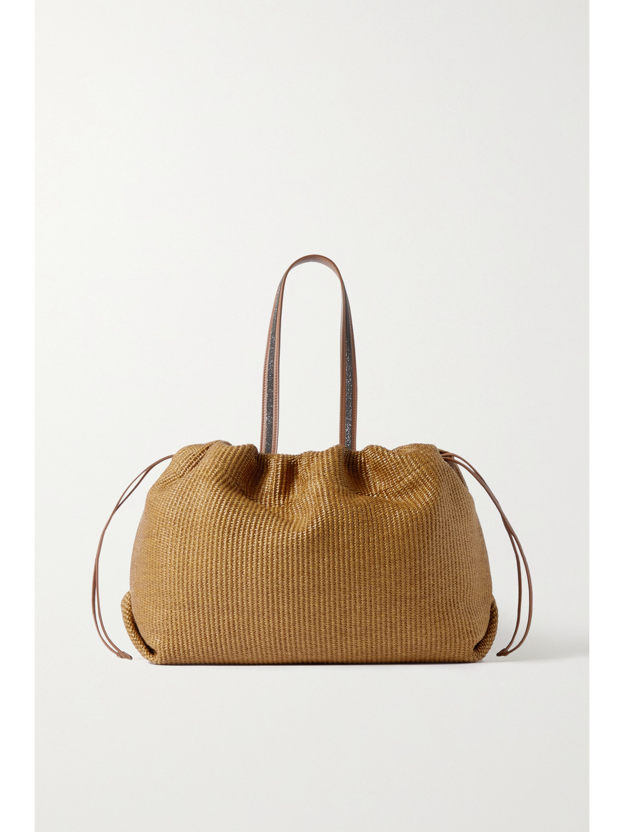 Brunello Cucinelli Embellished Woven Raffia Tote In Brown