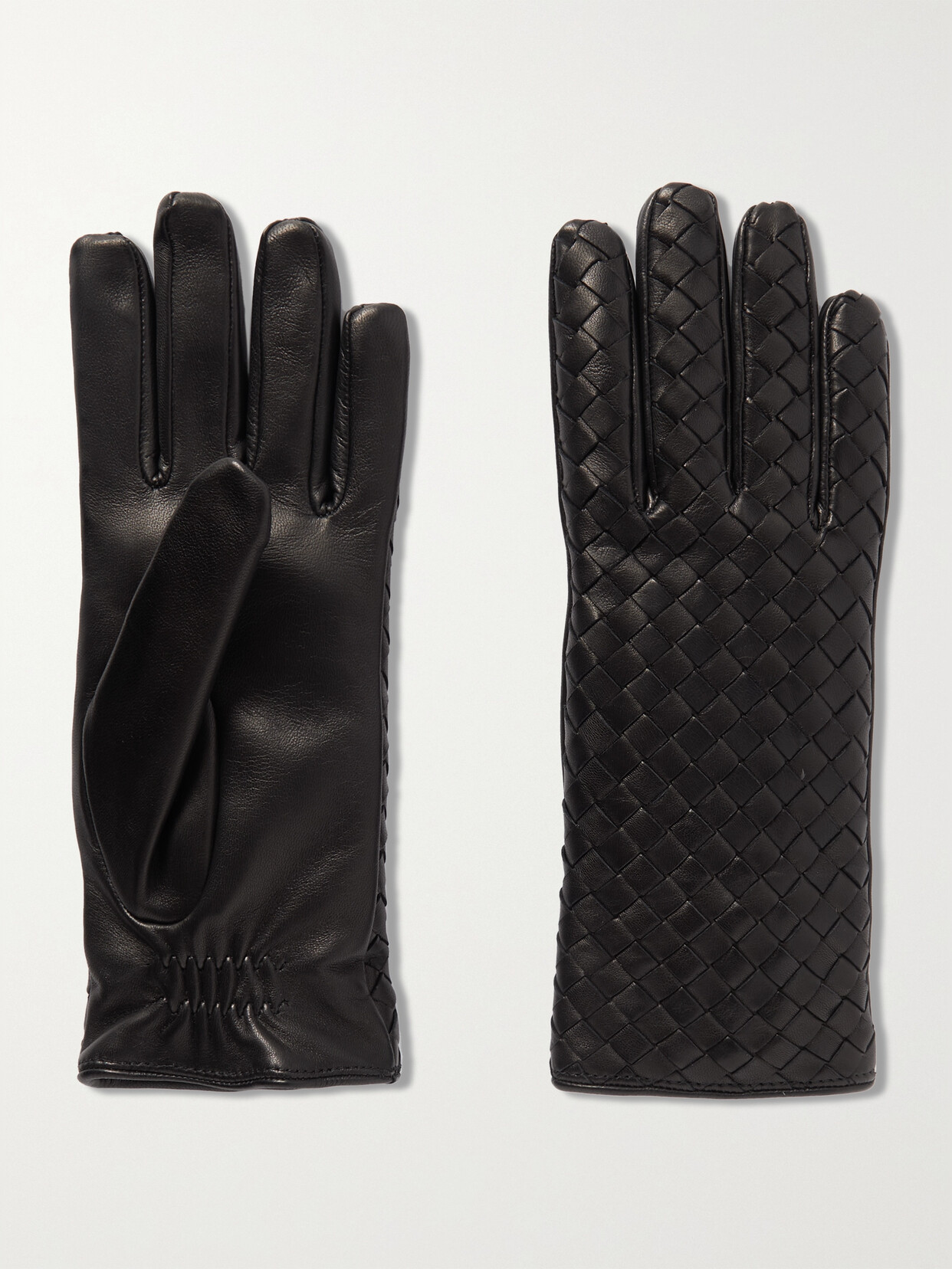 Bottega Veneta Black Leather Gloves With Intrecciato Pattern