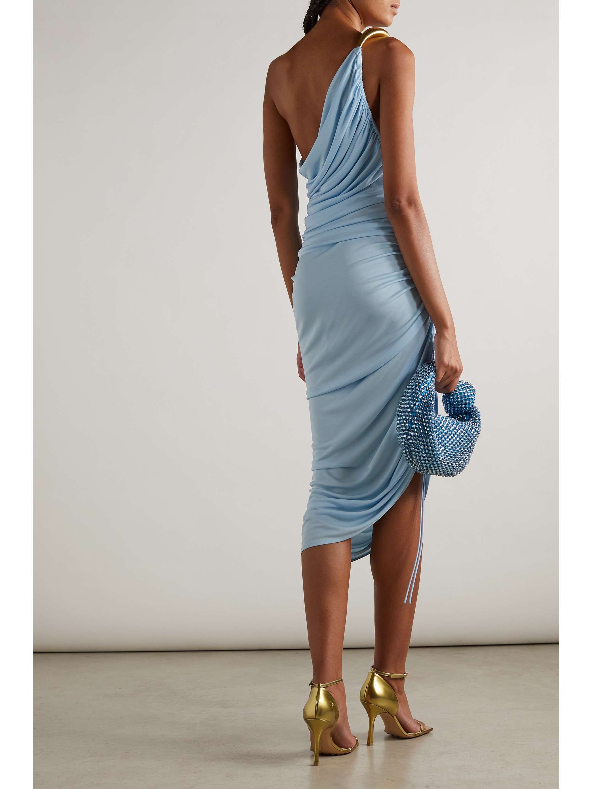 BOTTEGA VENETA One-shoulder asymmetric embellished satin-jersey midi dress