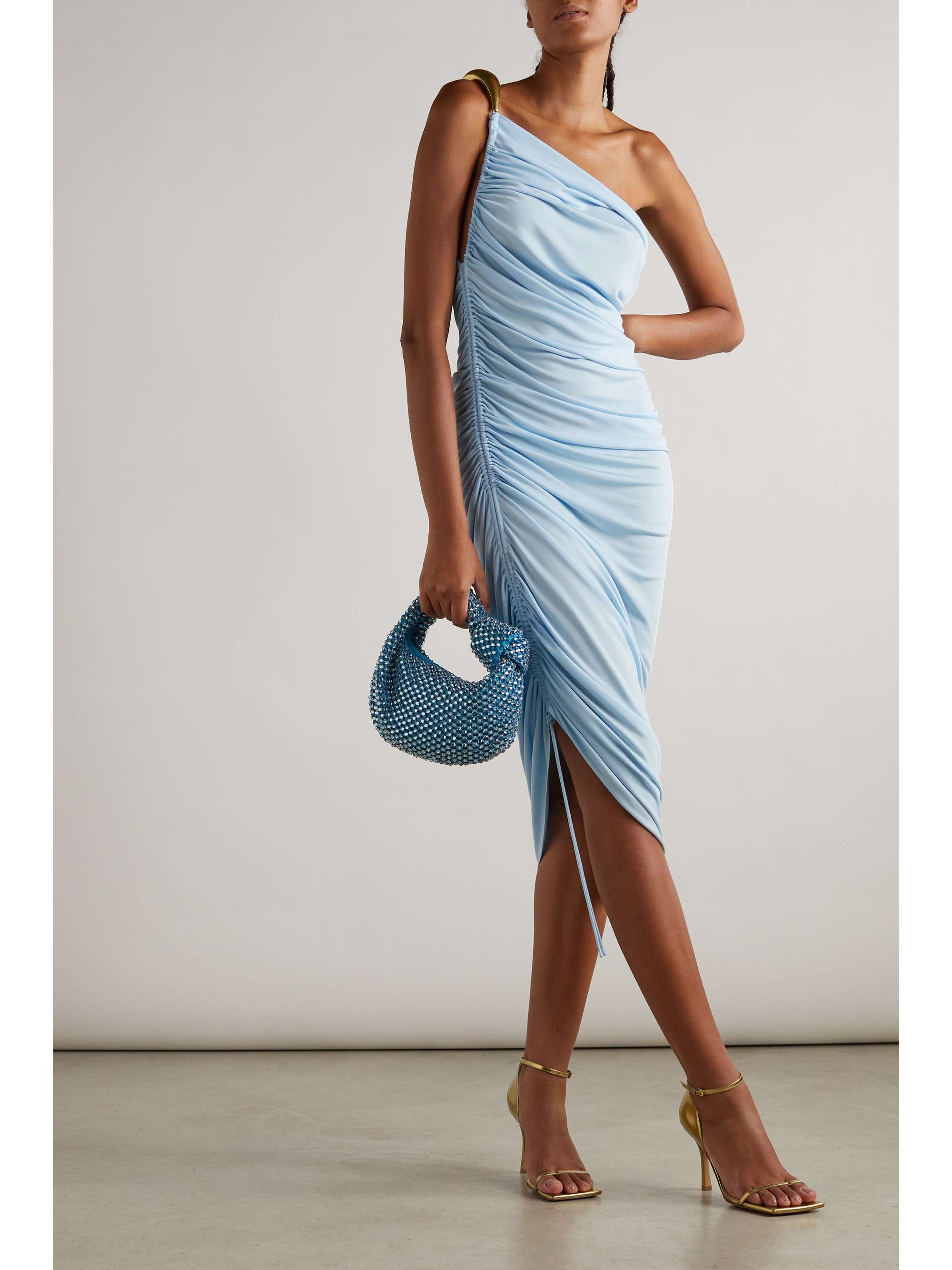 BOTTEGA VENETA One-shoulder asymmetric embellished satin-jersey midi dress