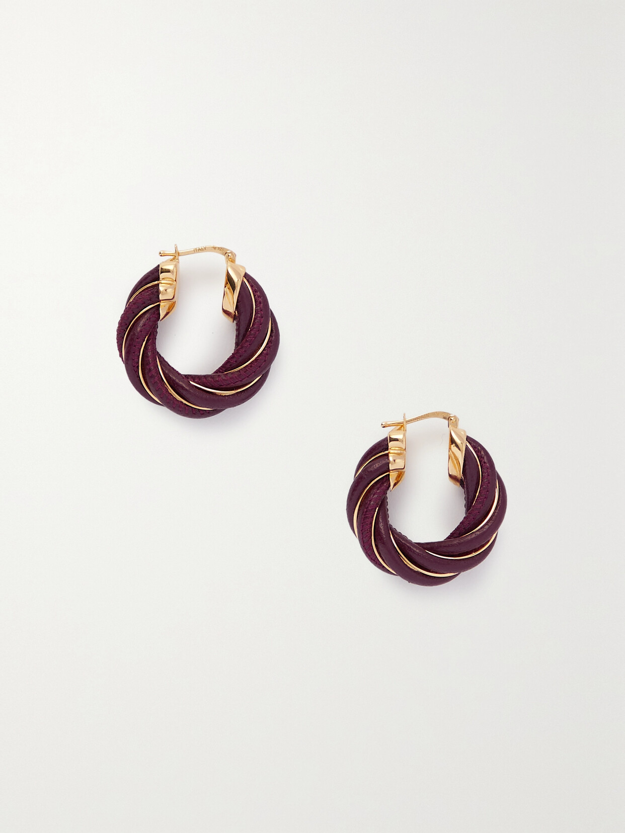 Bottega Veneta - Twist Gold-tone And Leather Hoop Earrings - Burgundy