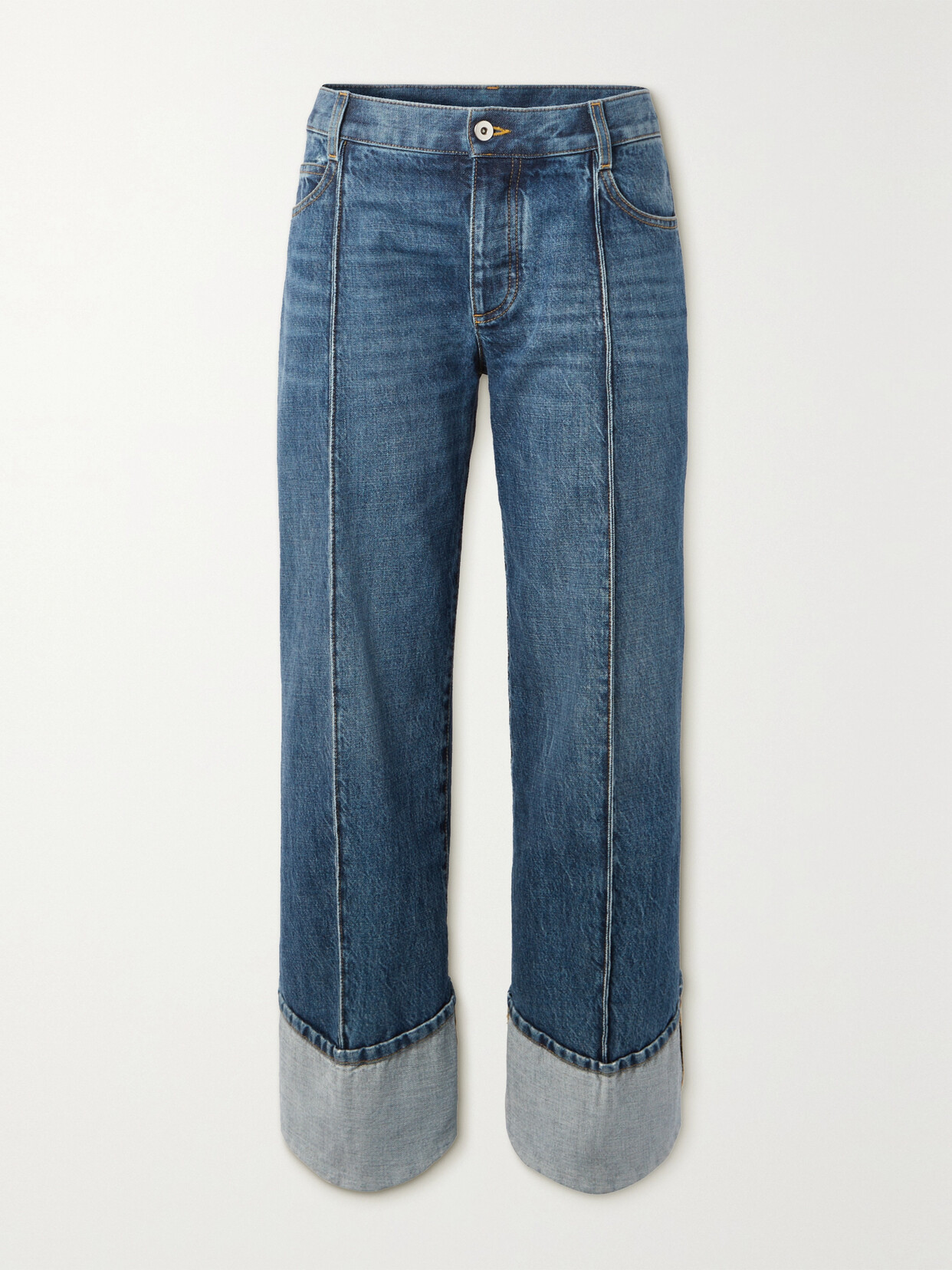 Shop Bottega Veneta Pintucked Mid-rise Straight-leg Jeans In Blue