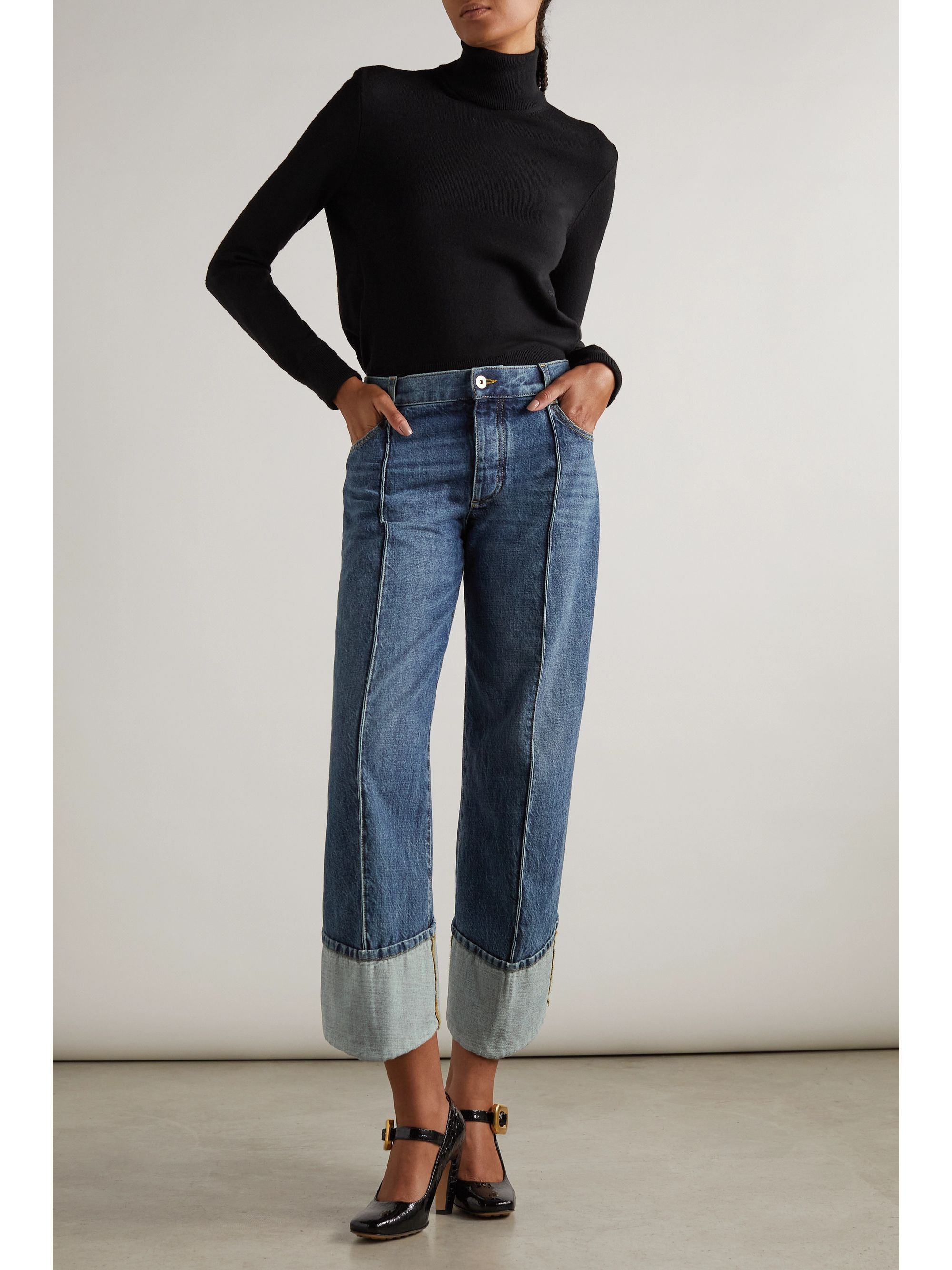 Bottega Veneta Exposed Seam Curved-leg Denim Trousers In Blue