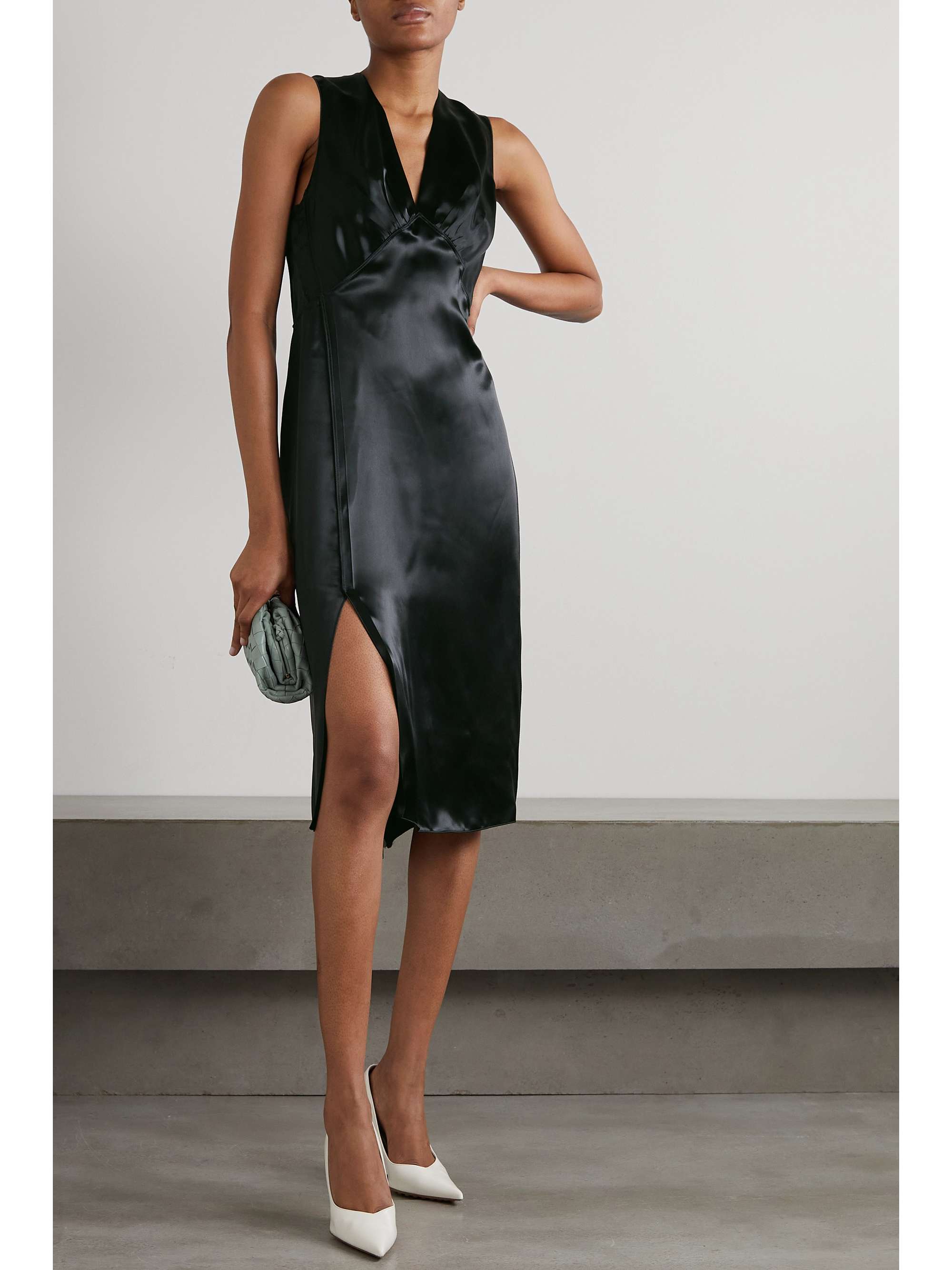 BOTTEGA VENETA Ruffled satin midi dress | NET-A-PORTER