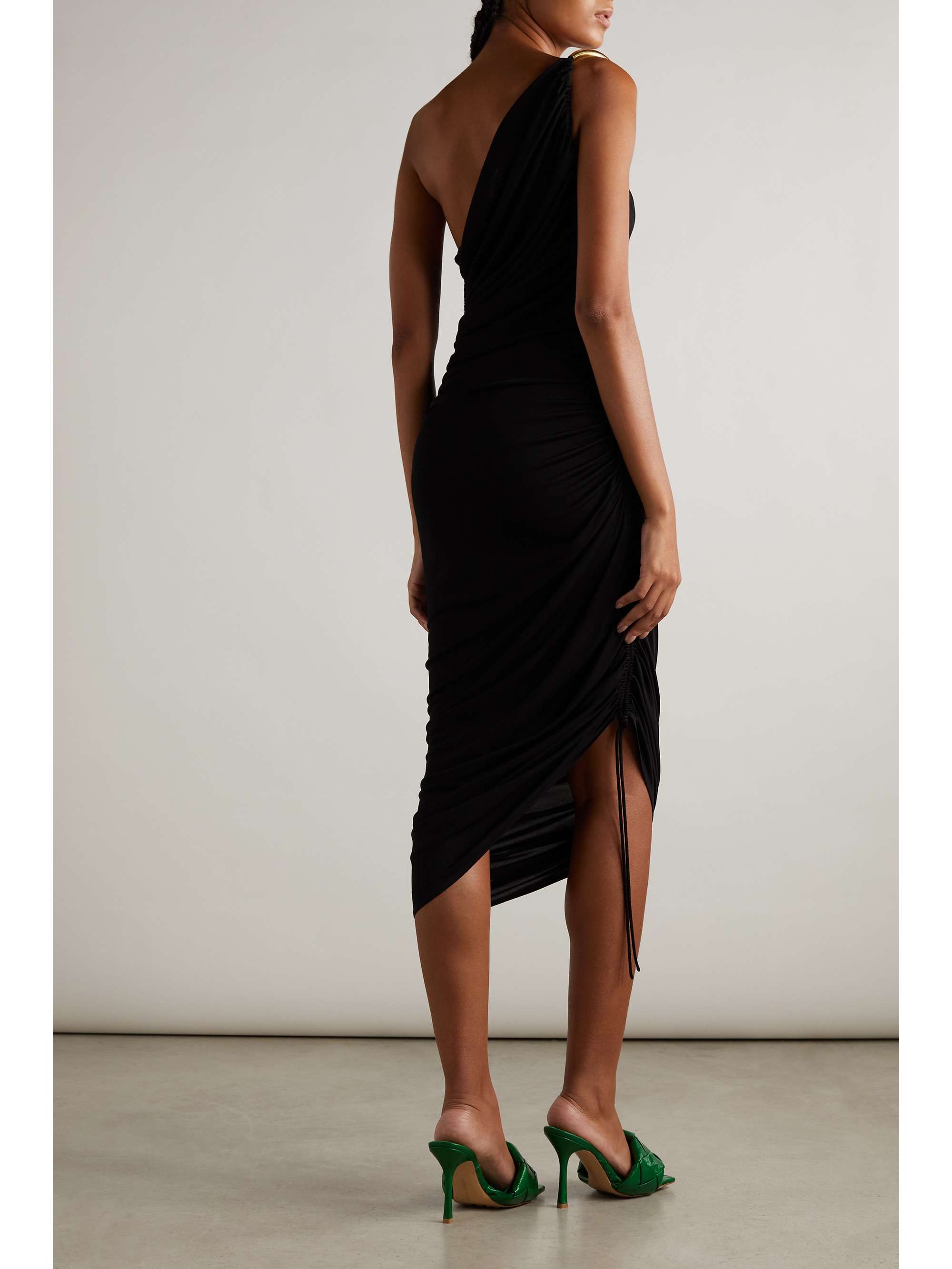 BOTTEGA VENETA One-shoulder asymmetric embellished satin-jersey midi dress