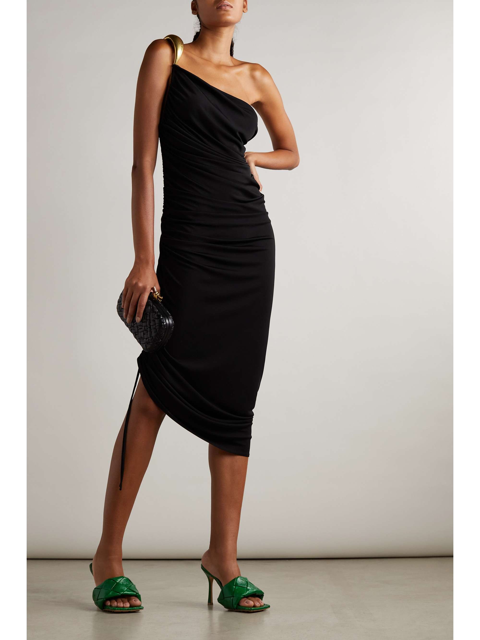 BOTTEGA VENETA One-shoulder asymmetric embellished satin-jersey midi dress