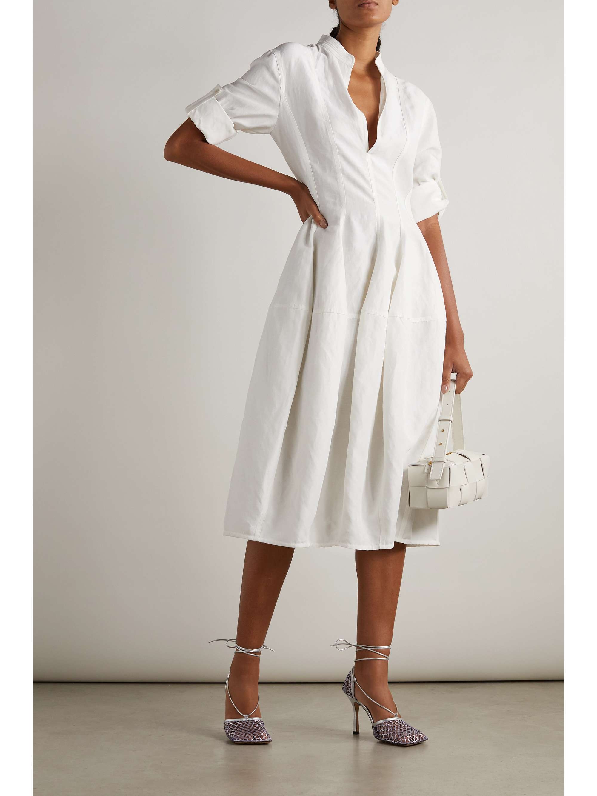 BOTTEGA VENETA Embellished paneled silk-twill midi dress
