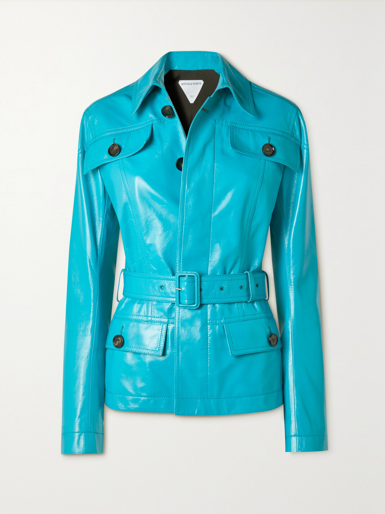 Shop Bottega Veneta Belted Glossed-leather Jacket In Blue