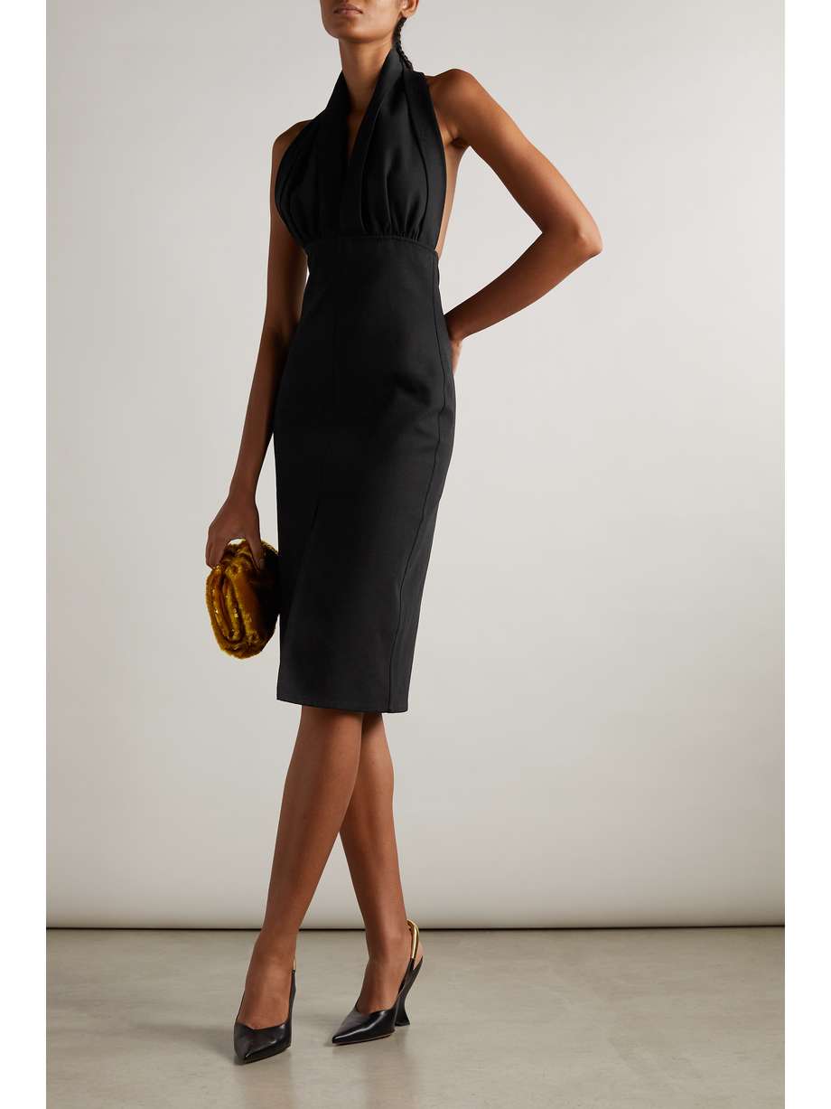 BOTTEGA Openback gathered cotton grain de poudre halterneck