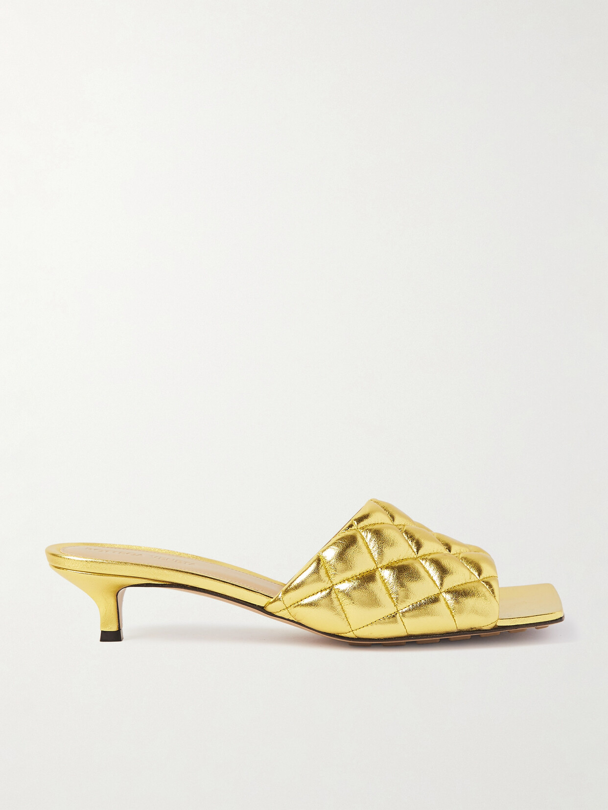 Shop Bottega Veneta Quilted Metallic Leather Mules In Gold