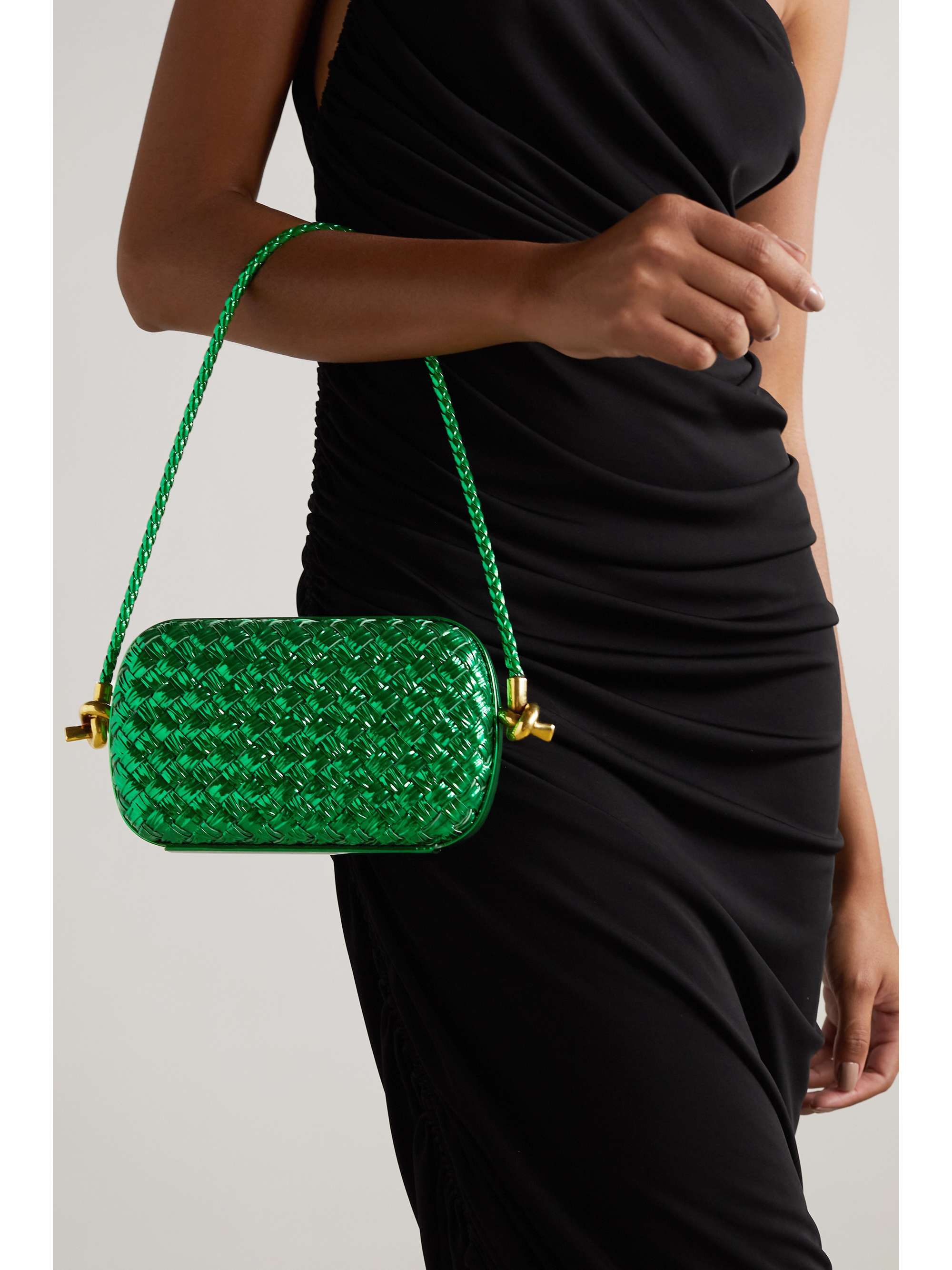 BOTTEGA Knotembellished metallic intrecciato plissé leather