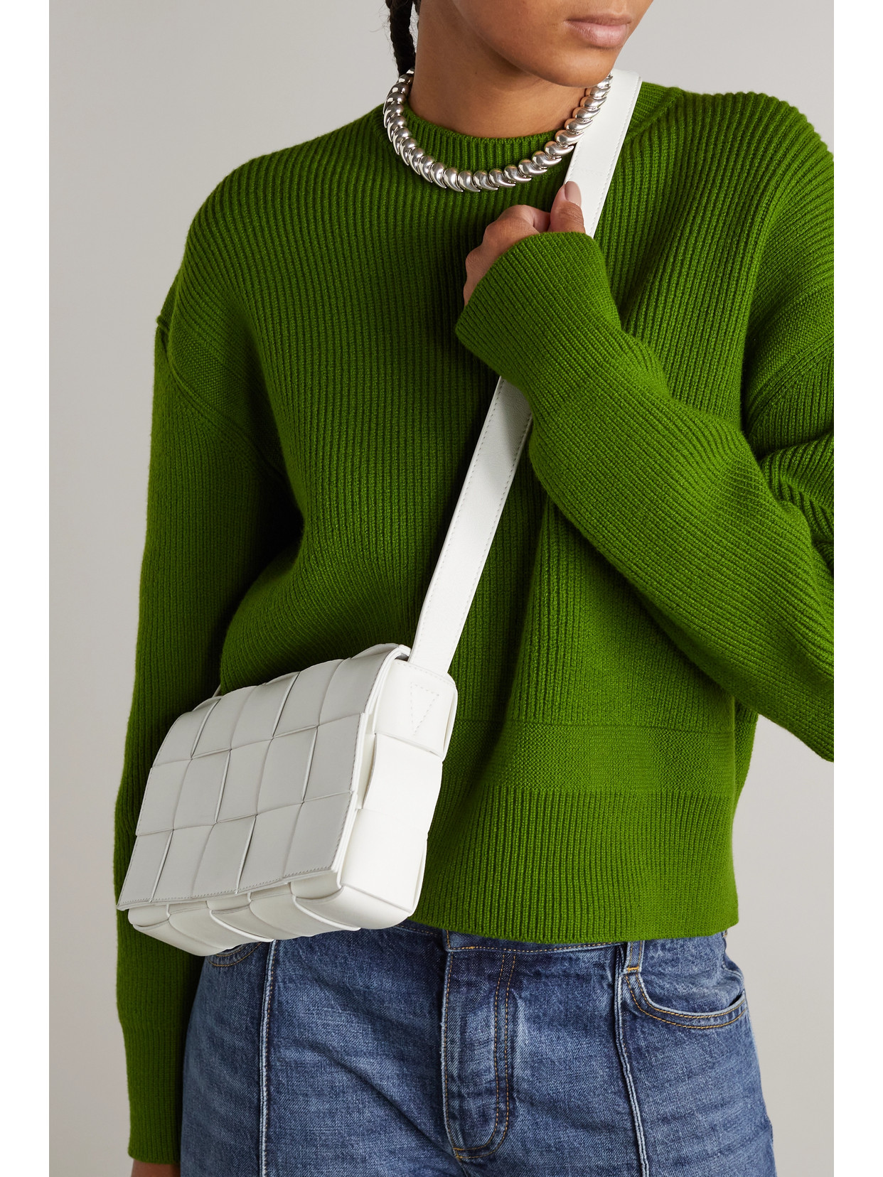Bottega Veneta Cassette Small Intrecciato Leather Shoulder Bag In White