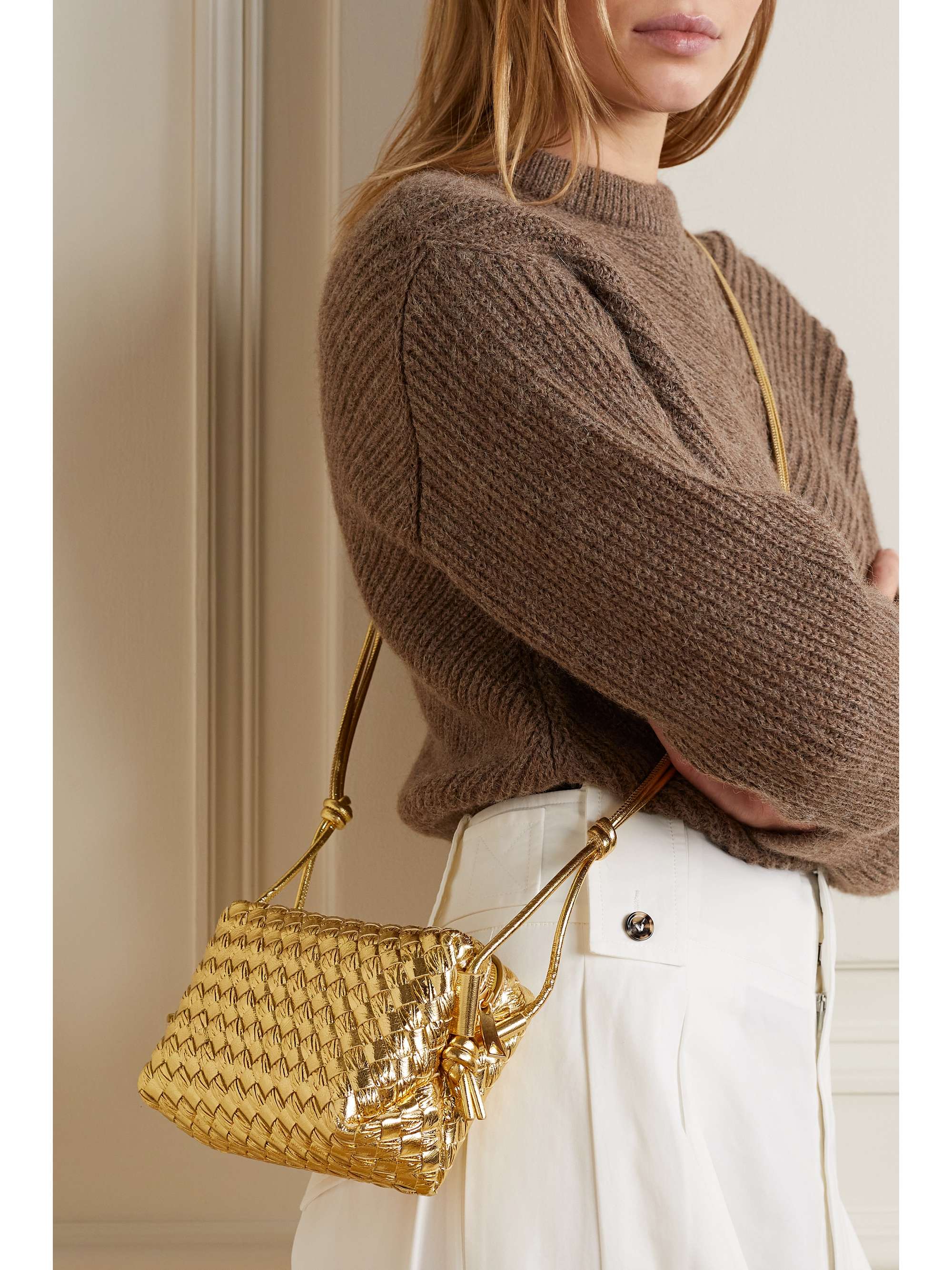BOTTEGA VENETA Loop intrecciato metallic crinkled-leather shoulder bag
