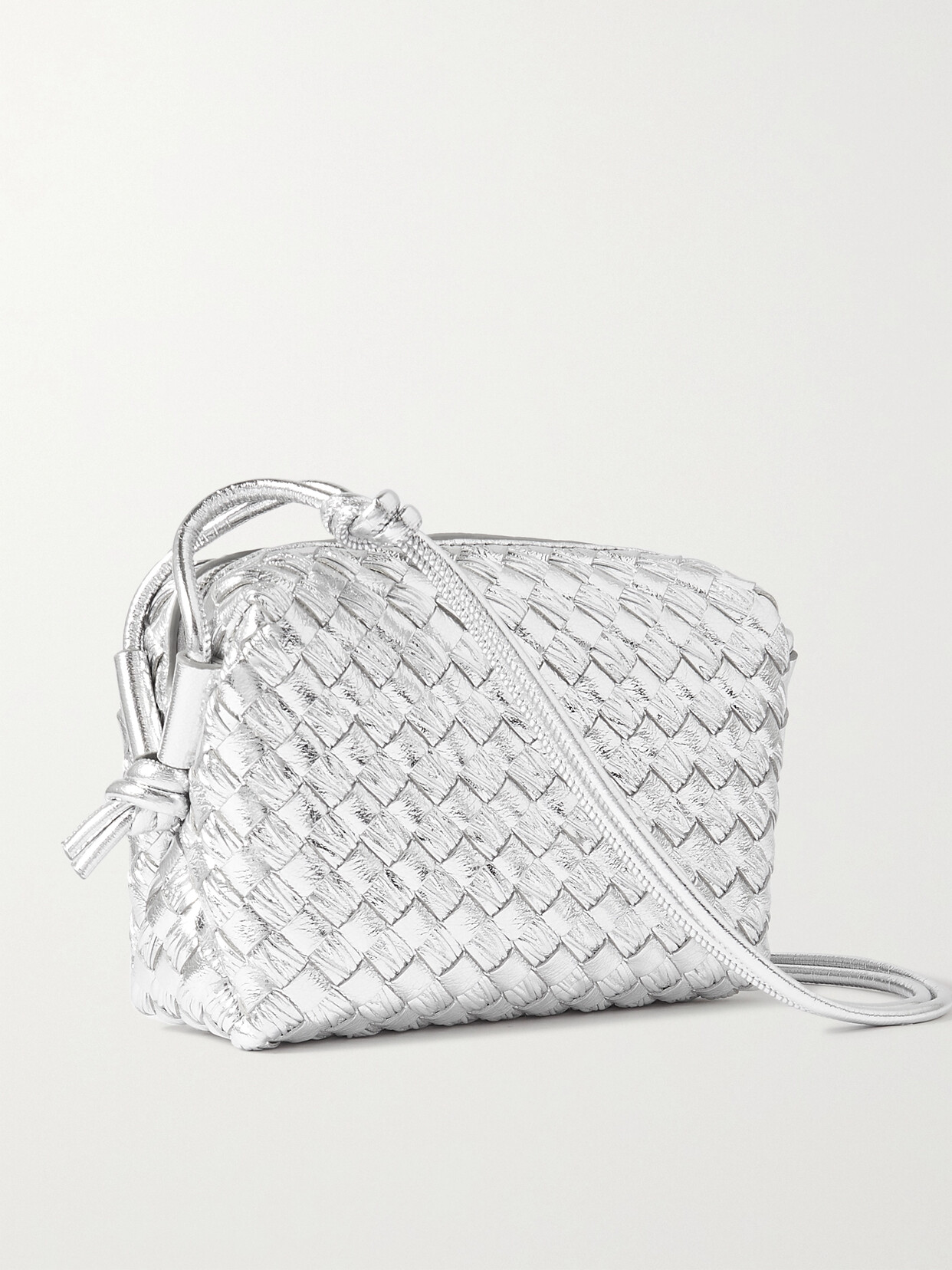 Bottega Veneta Loop Intrecciato Metallic Leather Shoulder Bag - Silver