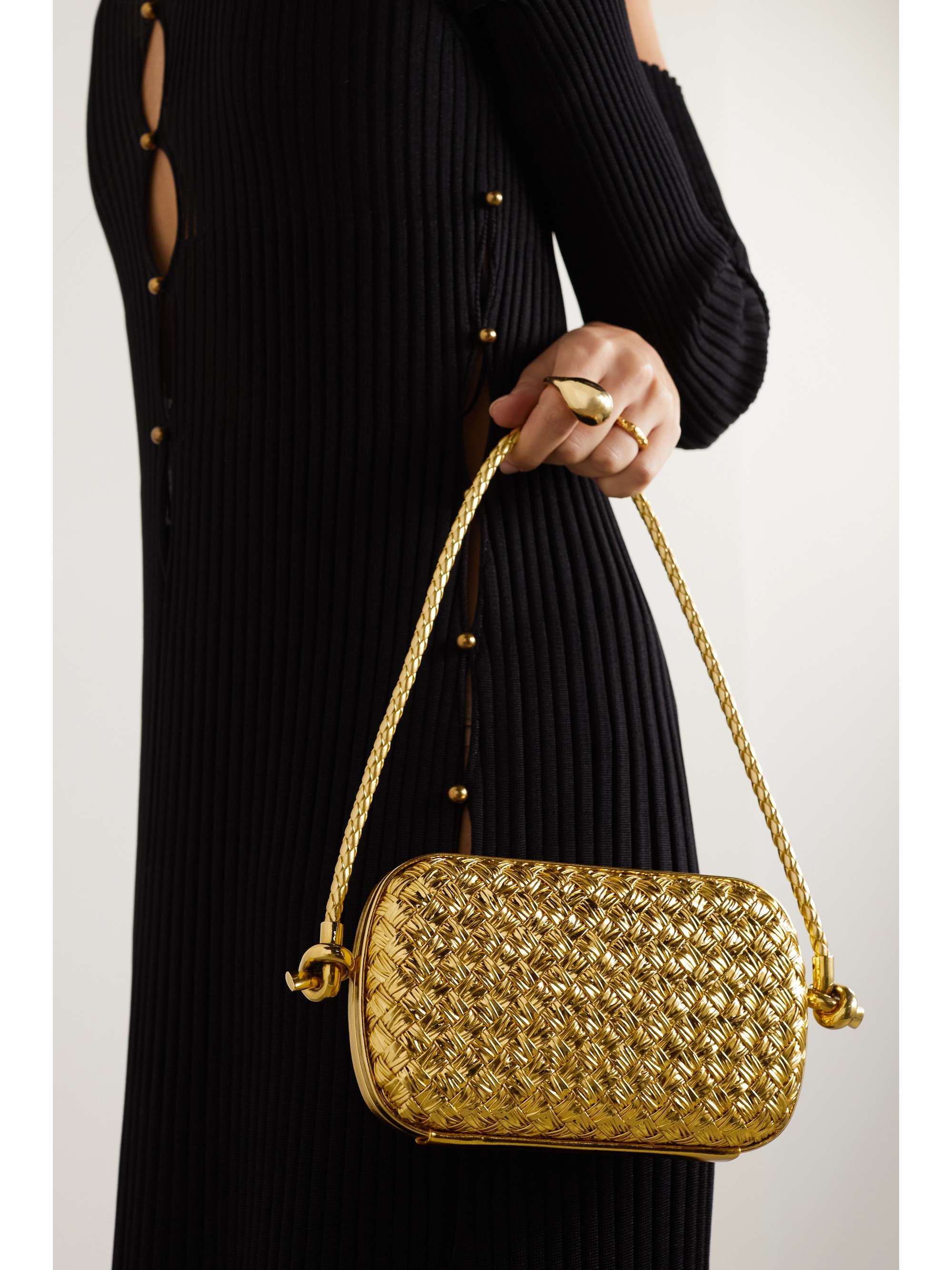 BOTTEGA VENETA Knot-embellished metallic intrecciato plissé leather  shoulder bag