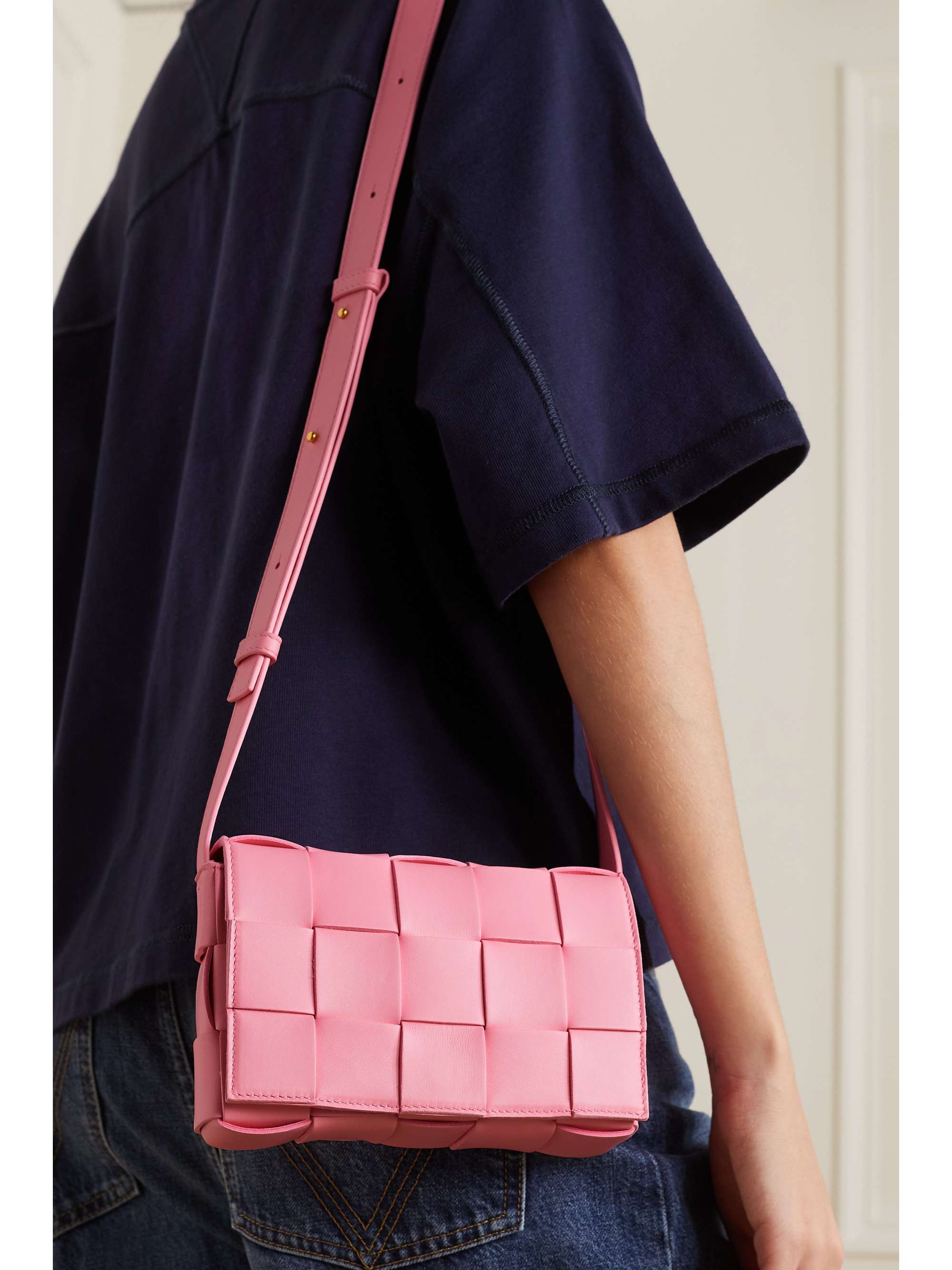 Bottega Veneta Roma Mini Shoulder Bag in Pink Intrecciato Leather