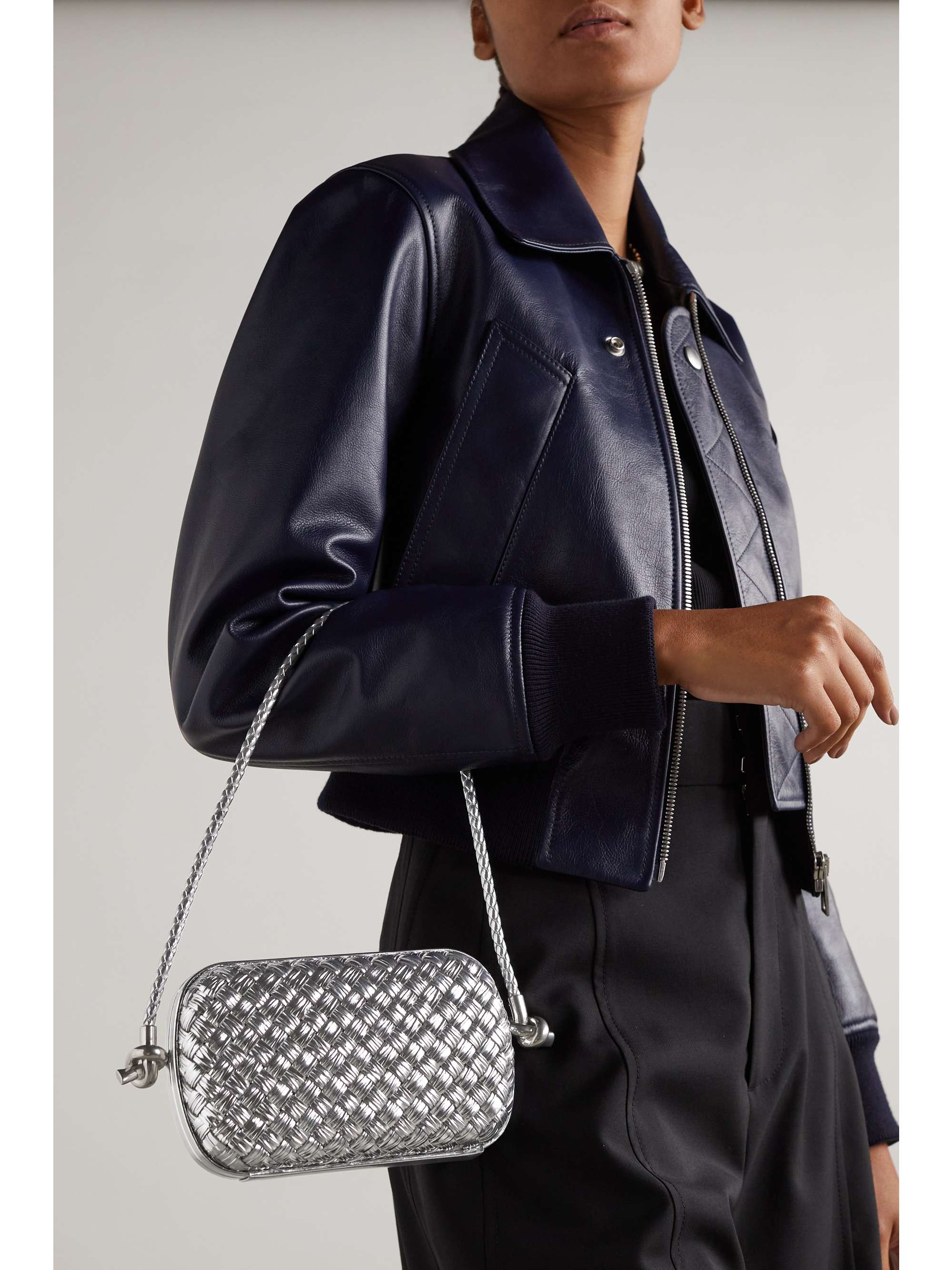 BOTTEGA Knotembellished metallic intrecciato plissé leather