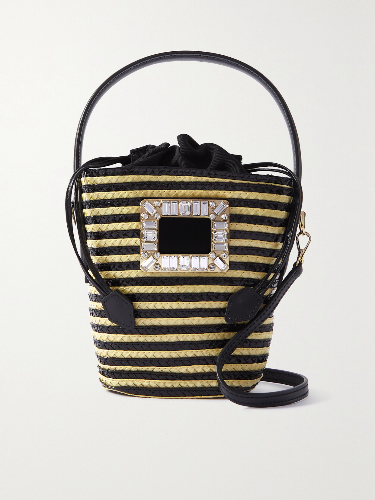 Roger Vivier Viv Skate Mini Leather-trimmed Crystal-embellished Striped Raffia Bucket Bag In Black