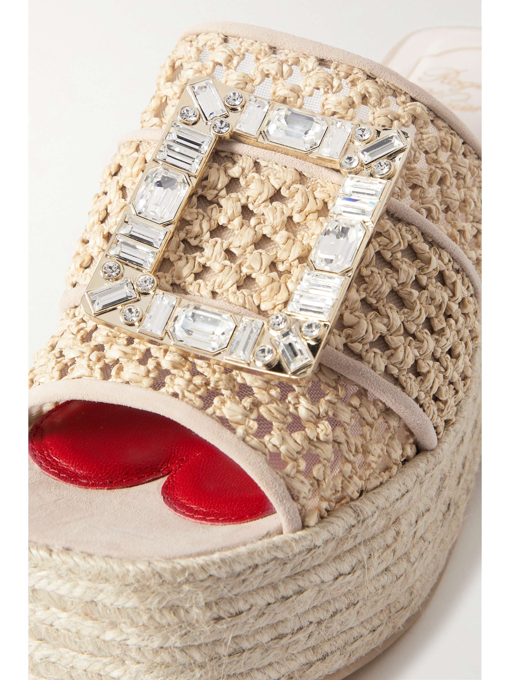 Beige Crystal-embellished suede-trimmed raffia platform