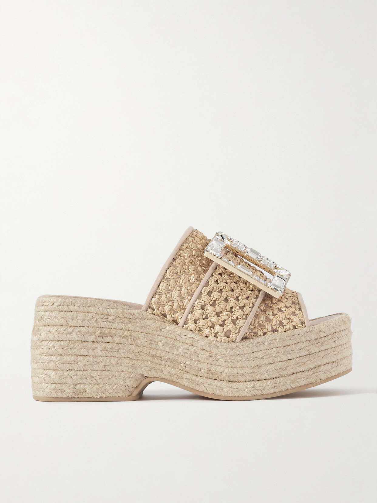 Roger Vivier - Crystal-embellished Suede-trimmed Raffia Platform Mules - Neutrals