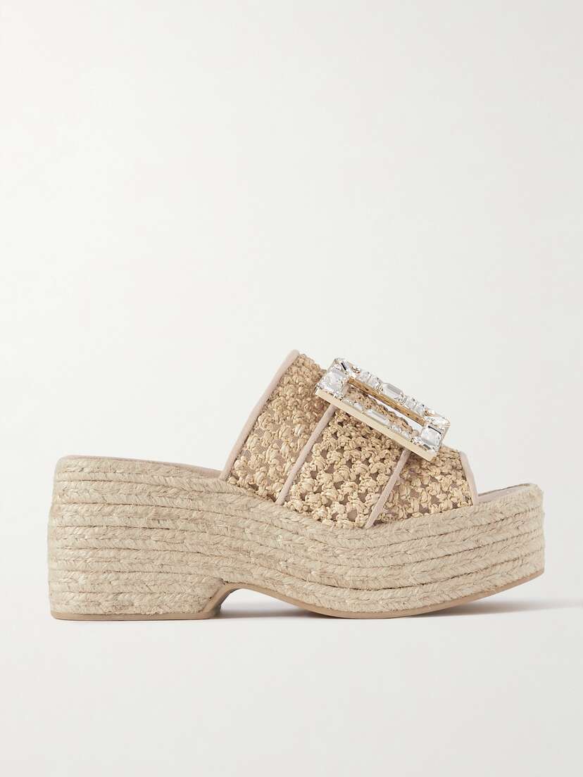 Roger Vivier Crystal-embellished Suede-trimmed Raffia Platform Mules