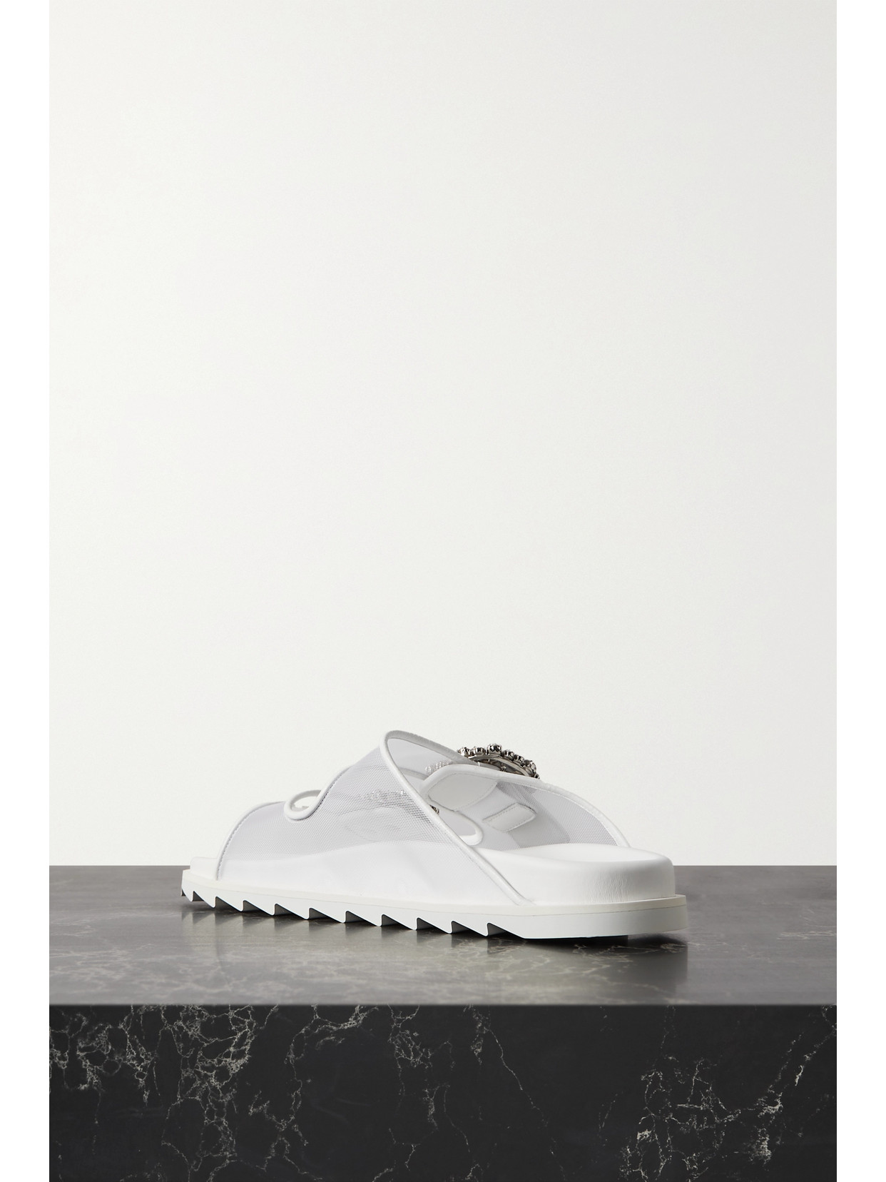 ROGER VIVIER SLIDY VIV CRYSTAL-EMBELLISHED LEATHER-TRIMMED MESH SLIDES