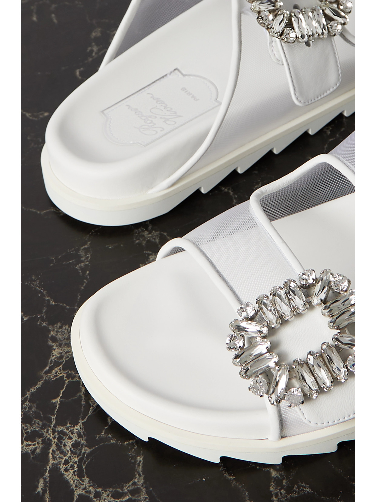 ROGER VIVIER SLIDY VIV CRYSTAL-EMBELLISHED LEATHER-TRIMMED MESH SLIDES