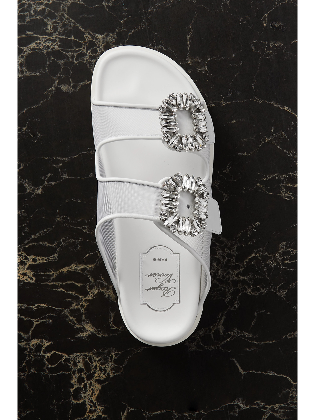 ROGER VIVIER SLIDY VIV CRYSTAL-EMBELLISHED LEATHER-TRIMMED MESH SLIDES