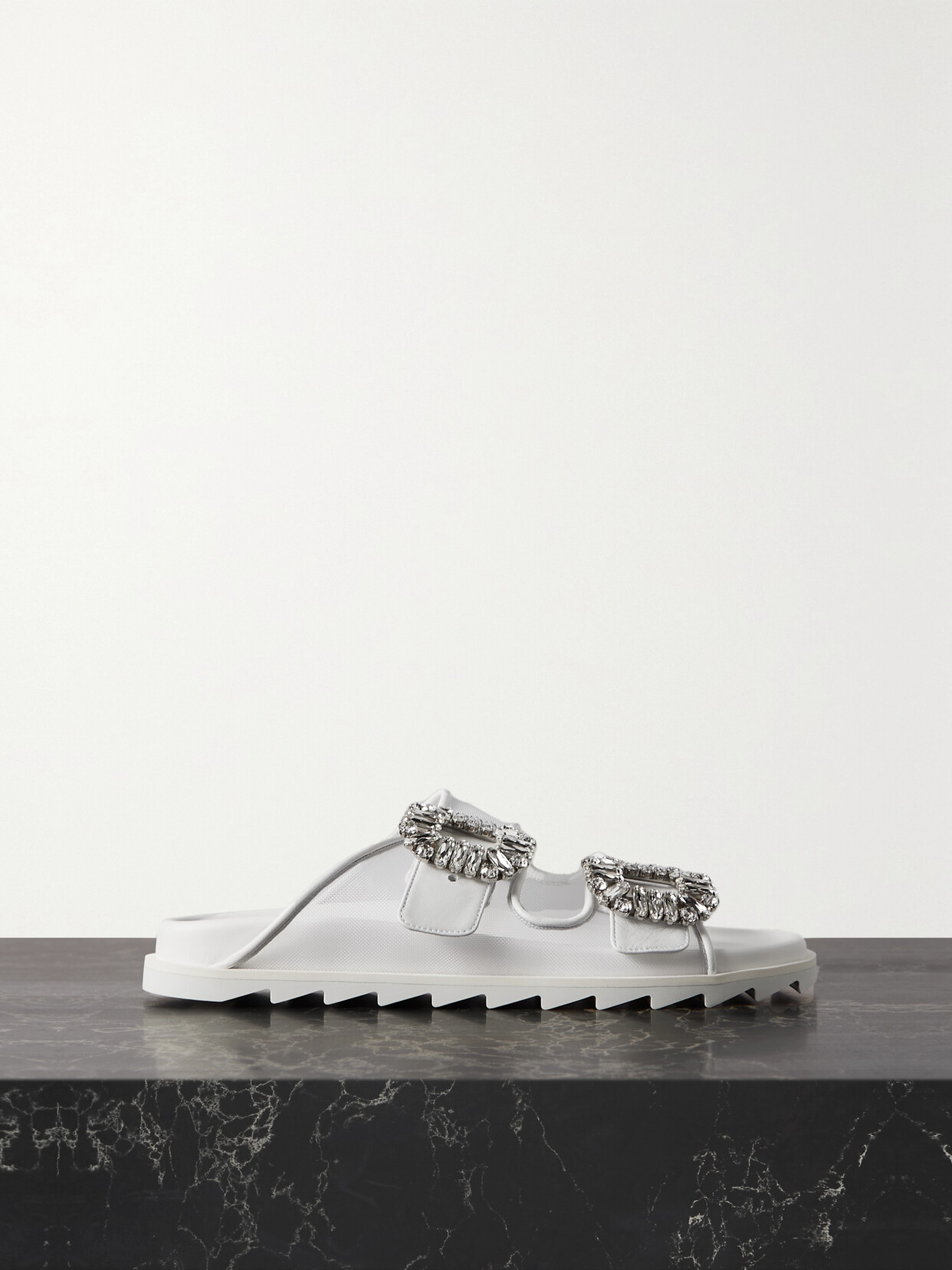 Roger Vivier Slidy Viv Crystal-embellished Leather-trimmed Mesh Slides In White