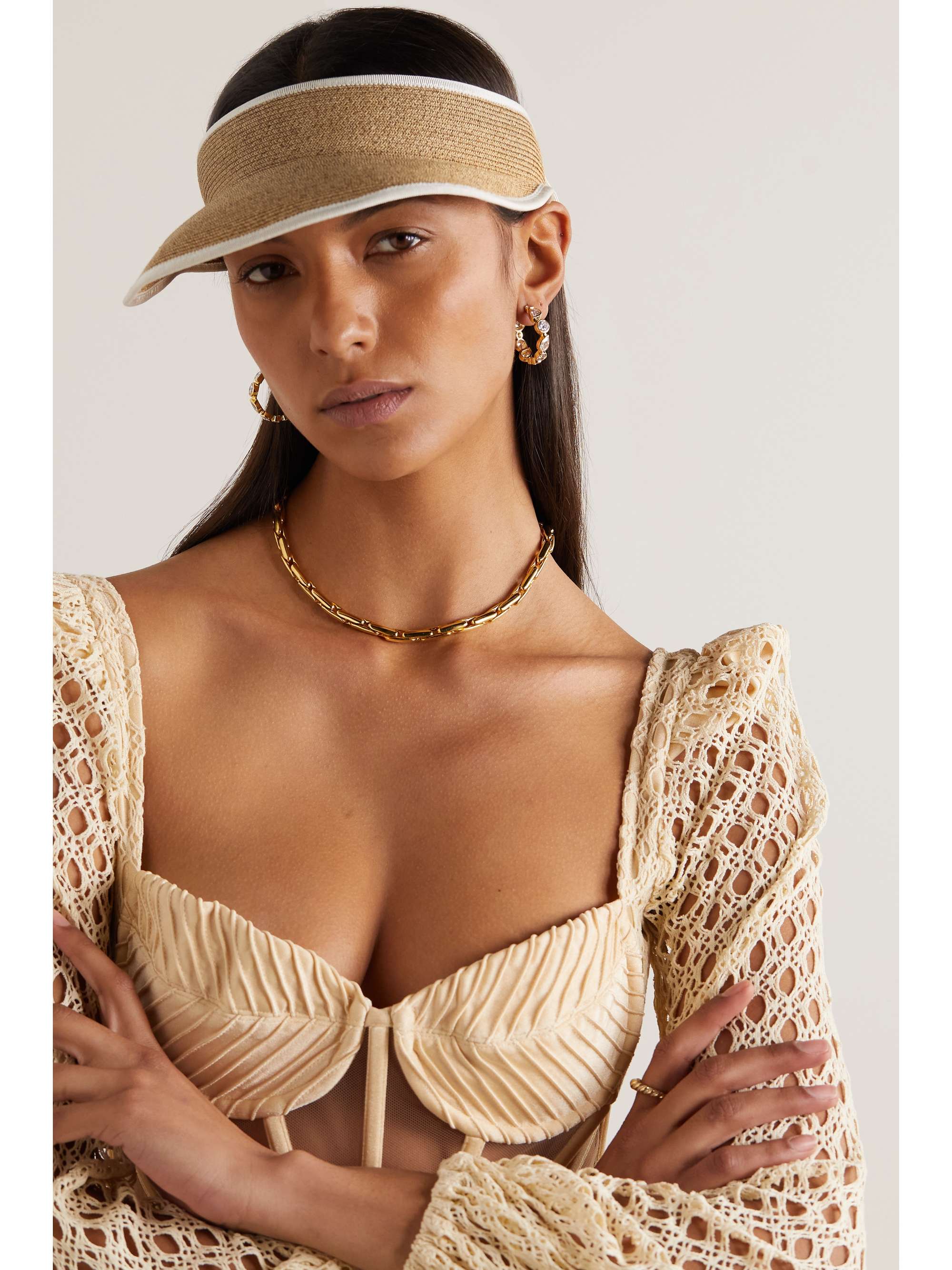ROGER VIVIER Embellished grosgrain-trimmed straw visor